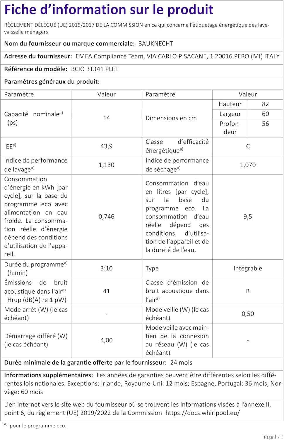 Bauknecht - lave-vaisselle intégrable 60cm, 14 couverts, PowerClean, ActiveDry, BCIO 3T341 PLET