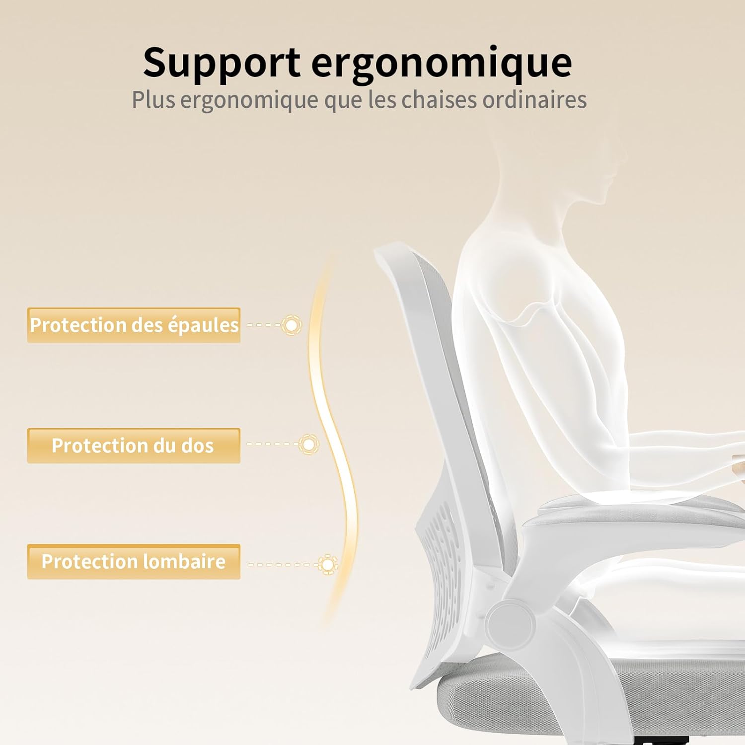 naspaluro - chaise de bureau ergonomique, accoudoirs réversibles, maille respirante, hauteur réglable, soutien lombaire