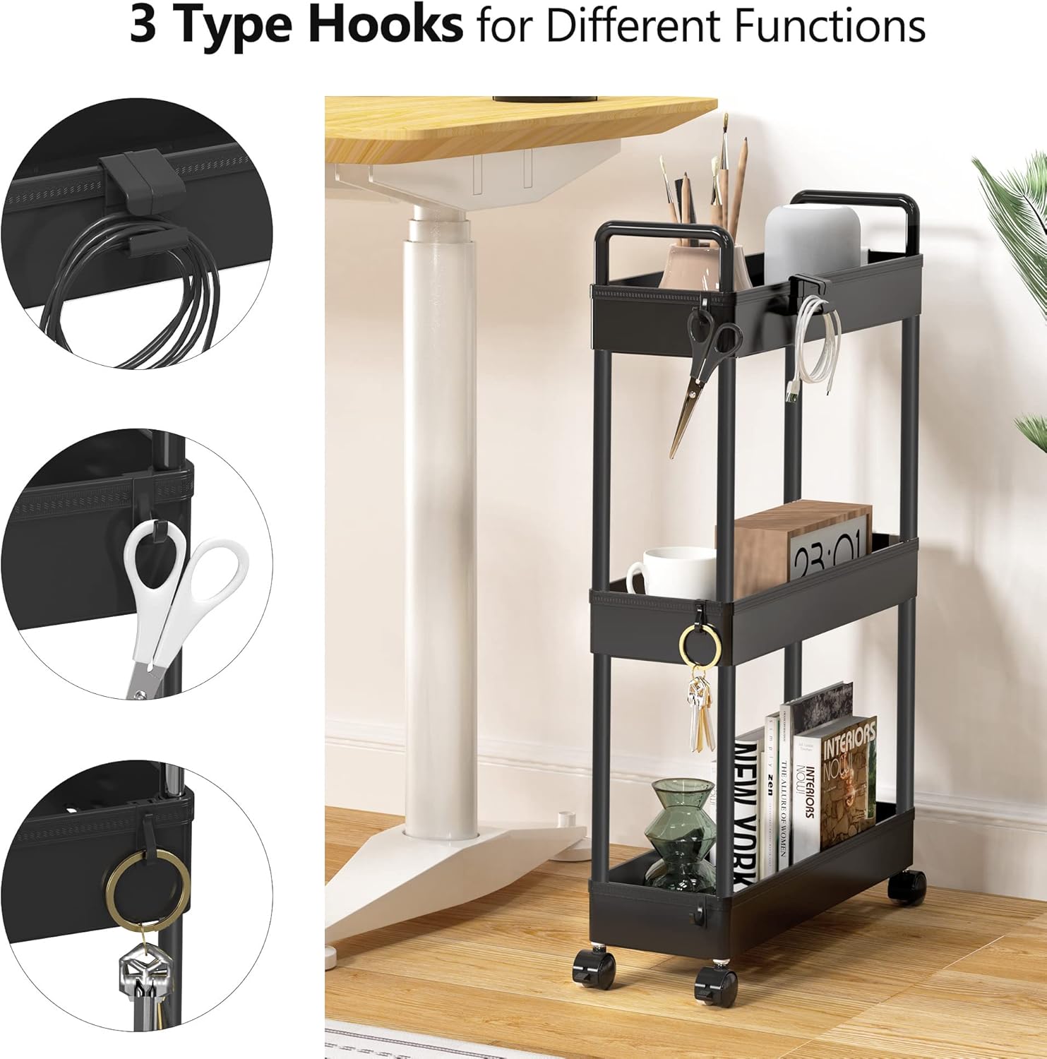 SOLEJAZZ - Chariot de rangement 3 étagères plastique, noir, mobile, compact - SOLEJAZZ