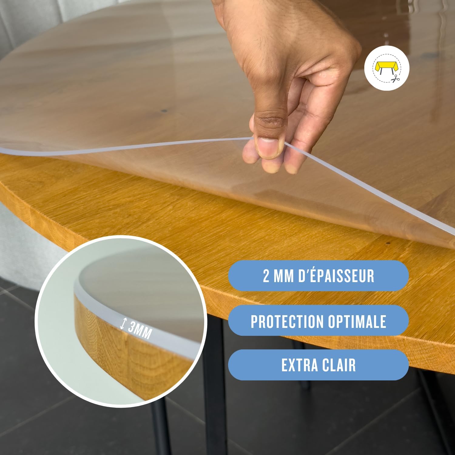 Nappe transparente ronde 120 cm - épaisseur 3mm - protection anti-tache