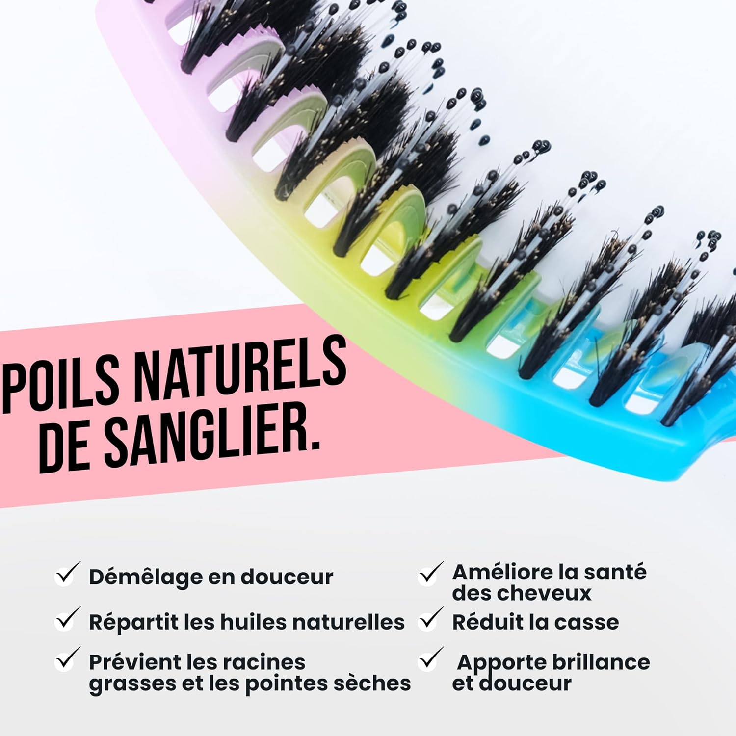 Brosse à Cheveux - démêlante, poils sanglier/nylon, anti-casse, multi-types