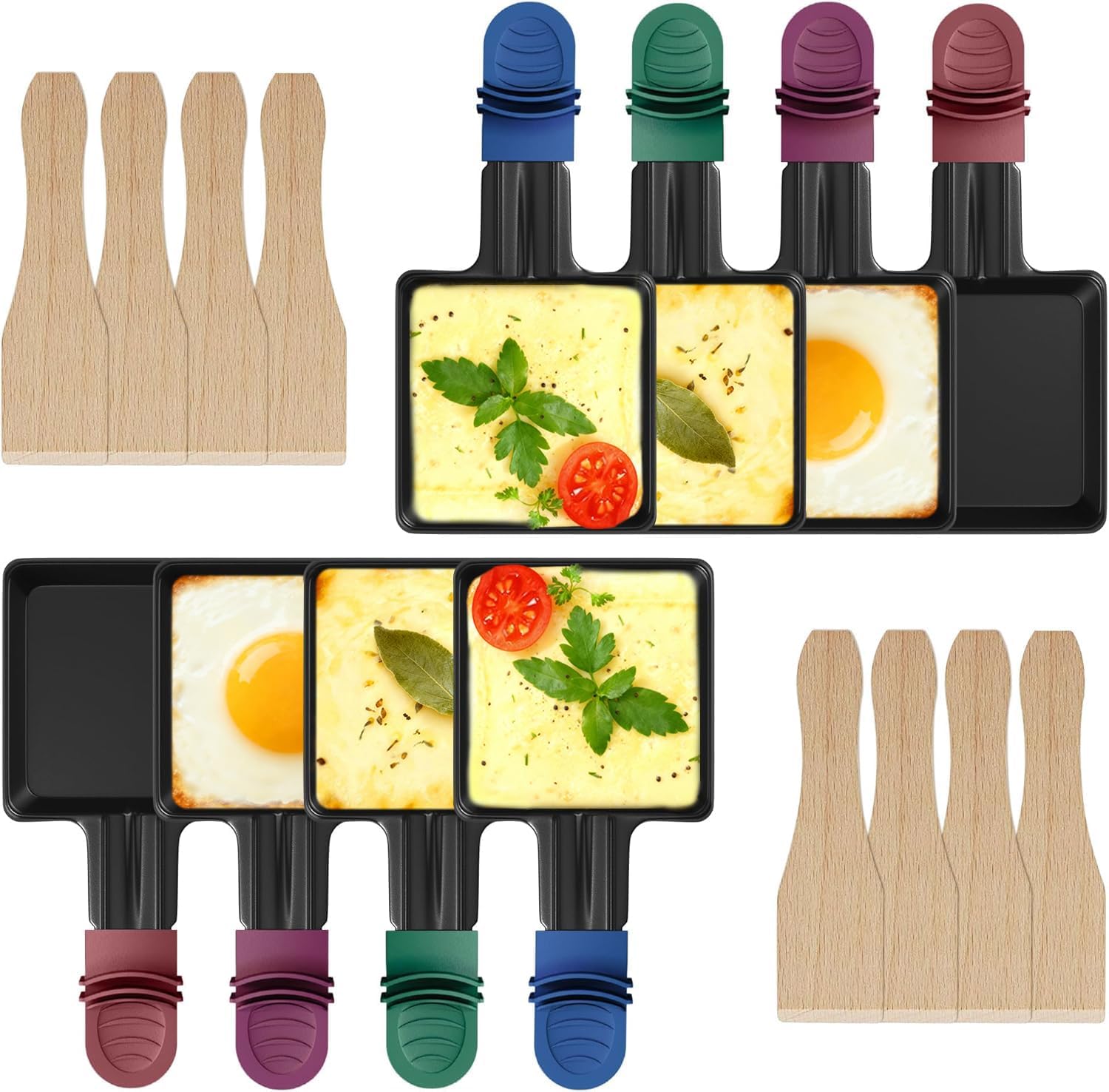 iPow - Lot de 8 poêlons raclettes carrés, revêtement antiadhésif, poignées isolées, 8 grattoirs bois