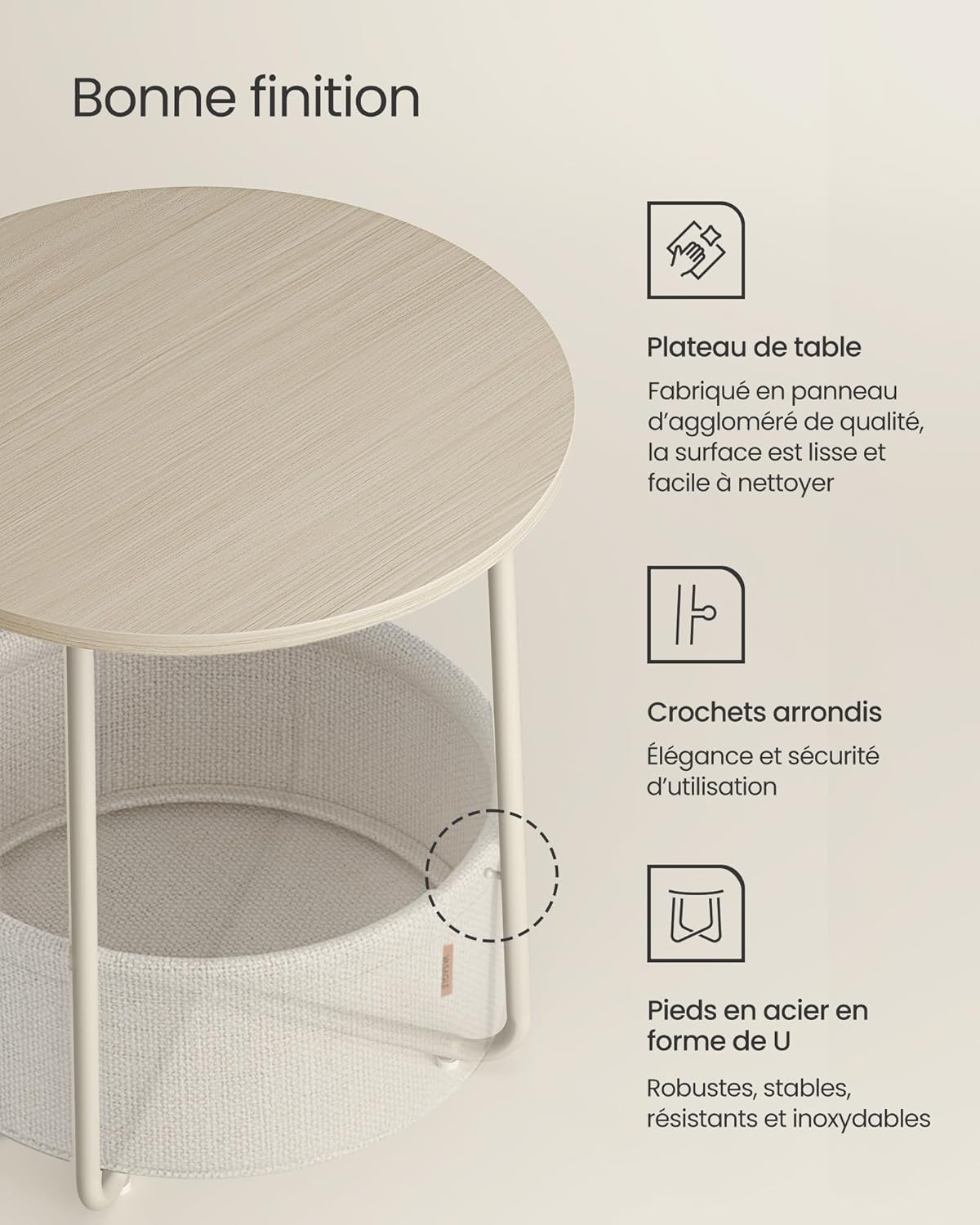VASAGLE - Table basse ronde moderne, avec panier tissu, beige, LET223K67