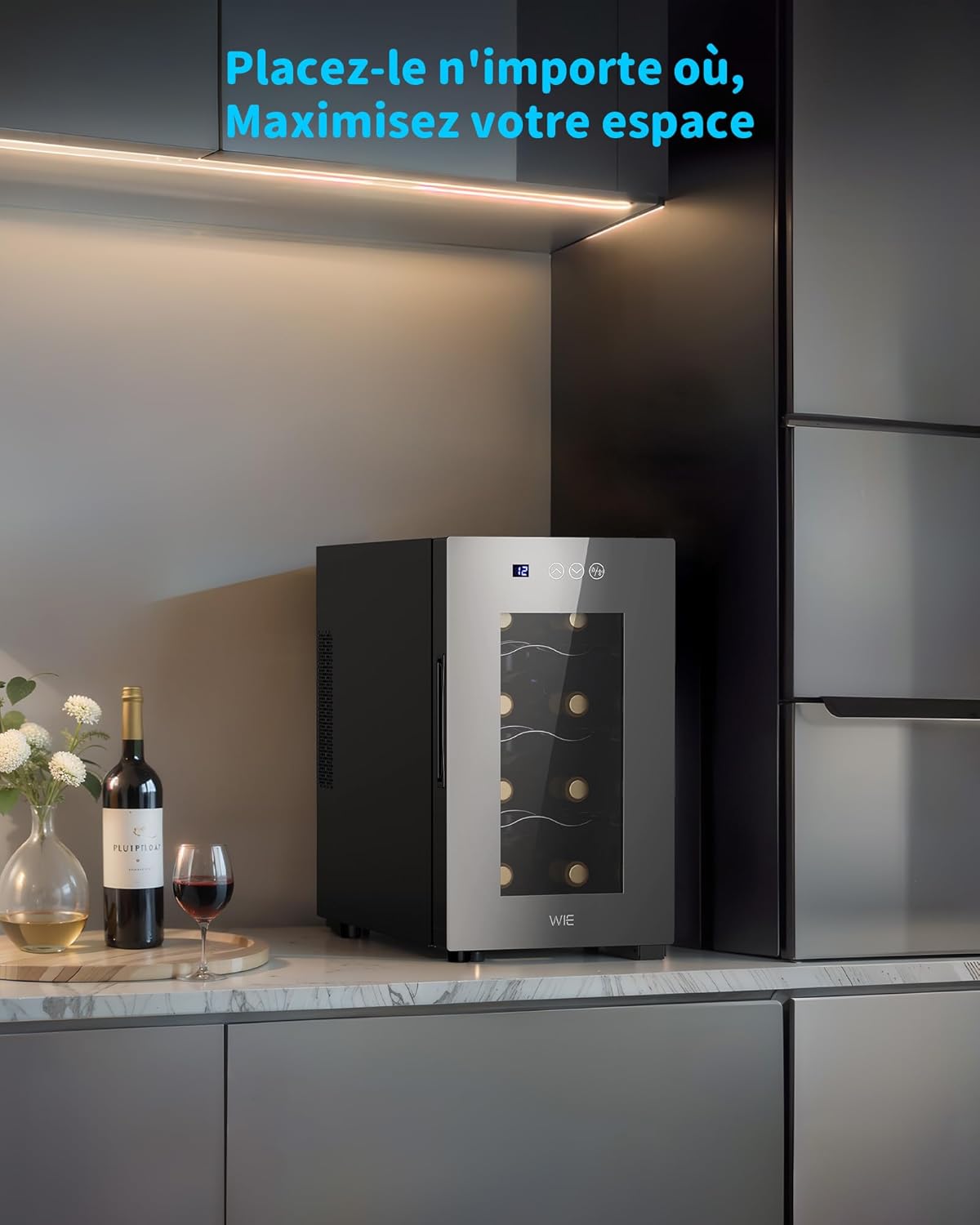 WIE - Cave à vin 8 bouteilles, 23L, façade miroir, écran tactile, ultra-silencieuse