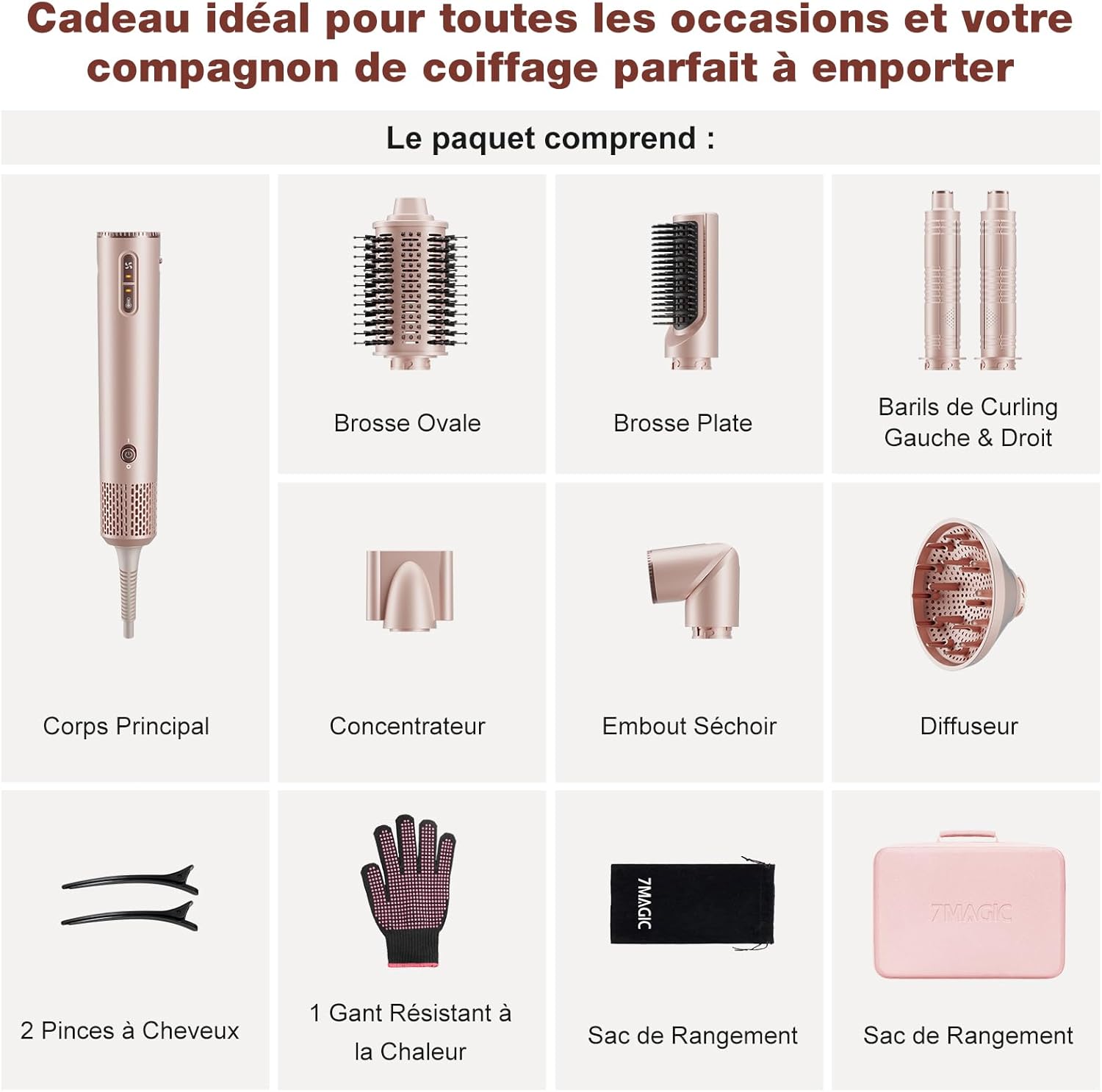 7MAGIC - Air Styler 7 en 1 - multifonction, ionique, coiffure, voyage