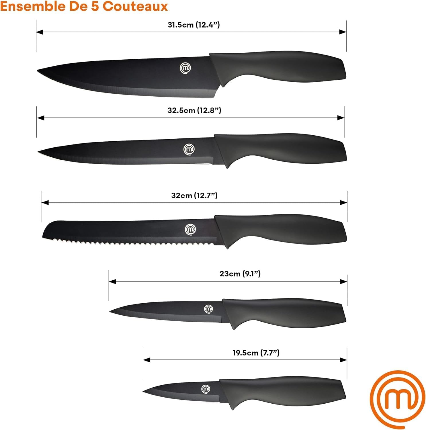 MasterChef - Set couteaux cuisine, 5 pièces, inox, revêtement antiadhésif, manche ergonomique
