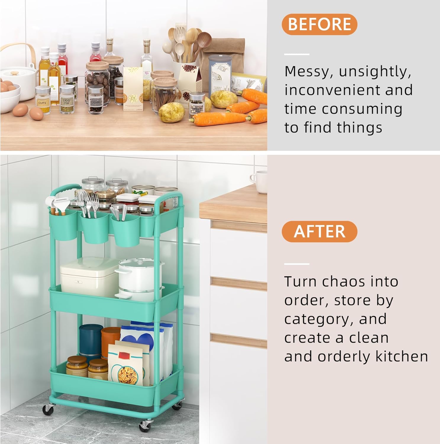 JIUYOTREE - chariot à roulettes 3 niveaux, vert, ventouses, roues verrouillables, compact