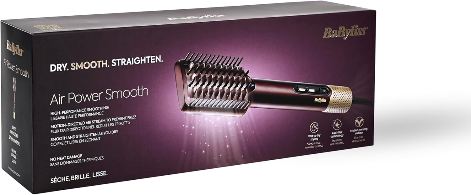 BaByliss - Brosse lissante Air Power Smooth - ionique, lissage cheveux mouillés/secs, anti-frisottis - AS640E