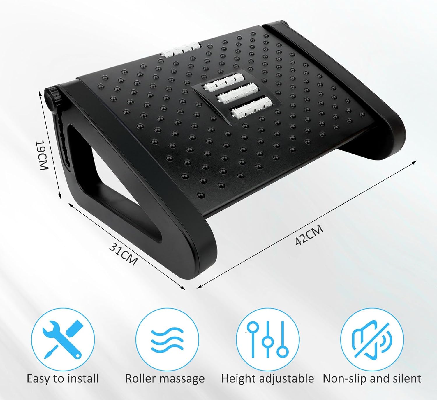 Repose-pieds de bureau réglable, ergonomique, antidérapant, fonction massage, dimensions compactes