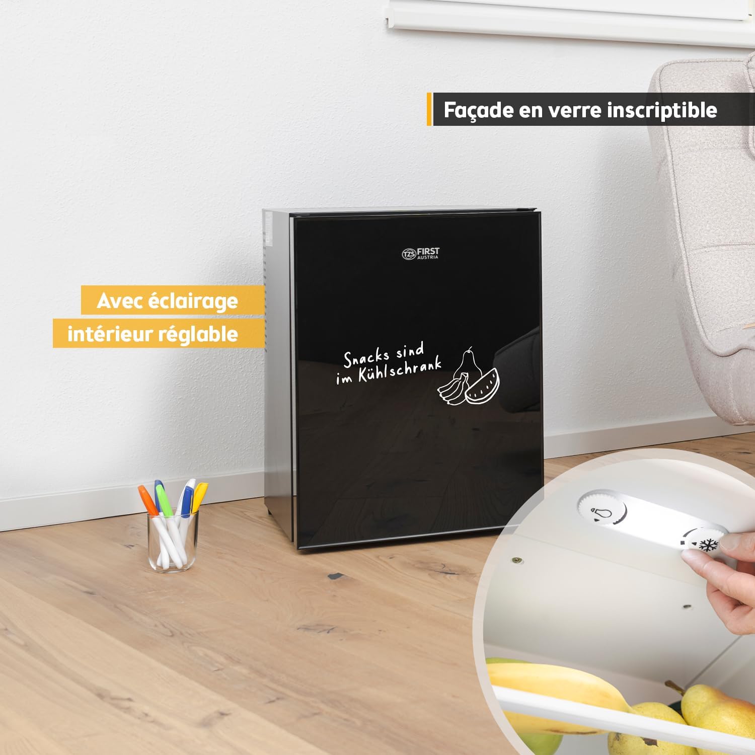 TZS First Austria - mini-frigo 40L silencieux, porte réversible, intérieur éclairé, compact pour bureau ou hôtel