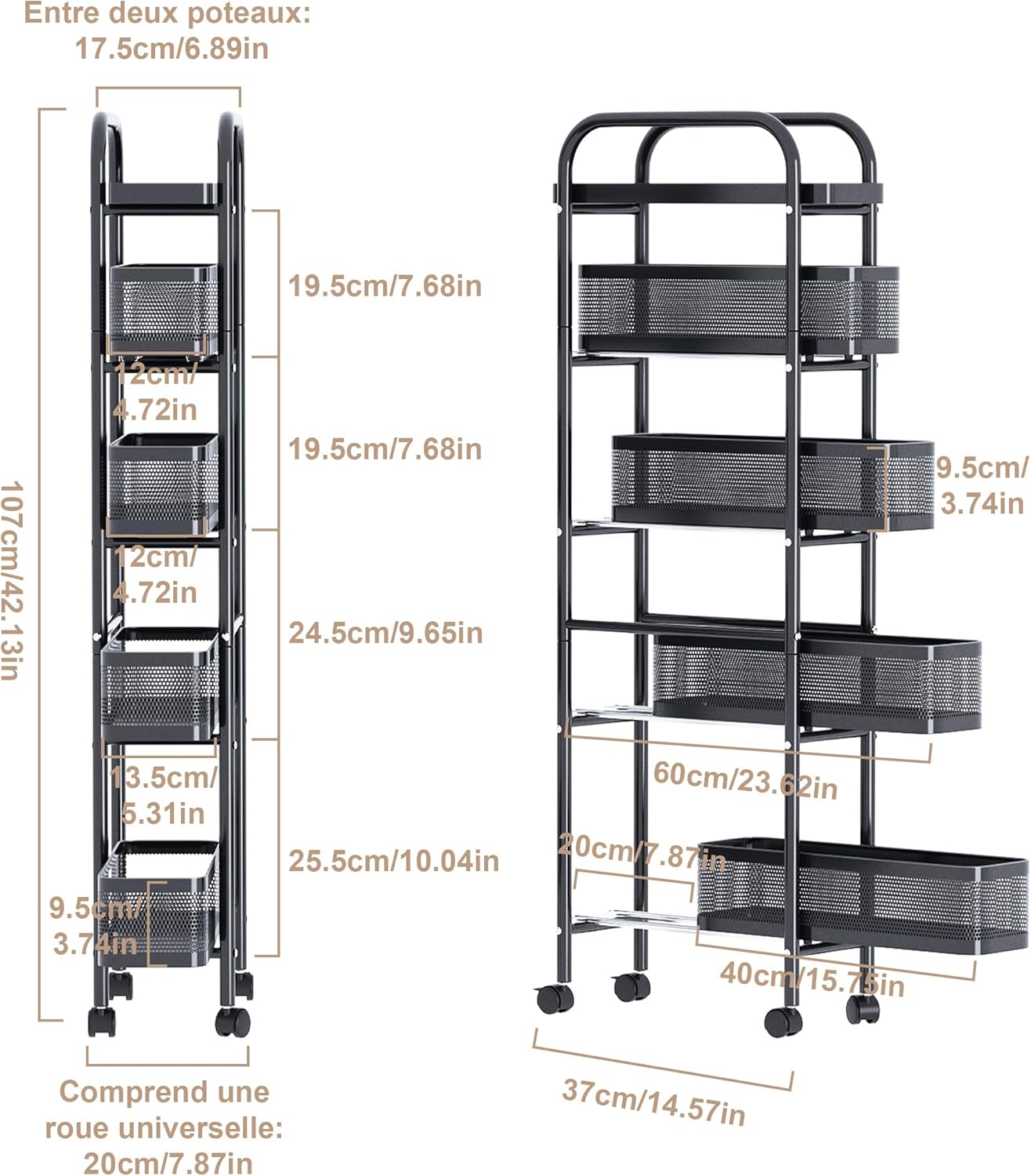 UMDONX - chariot cuisine 5 niveaux métal, étroit, tiroirs, noir UMDONX