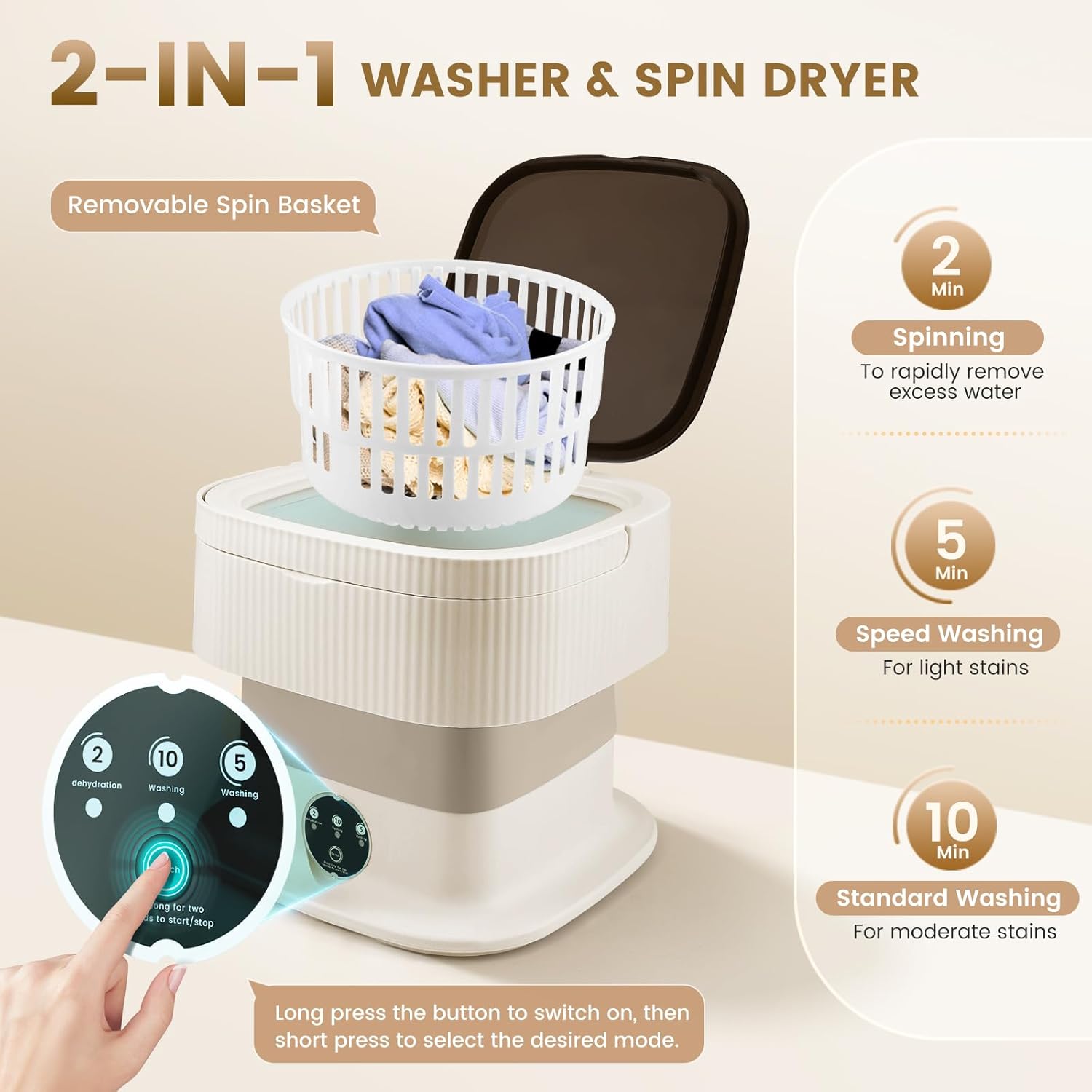 Mini machine à laver - 12L portable, panier séchage, compacte, kaki