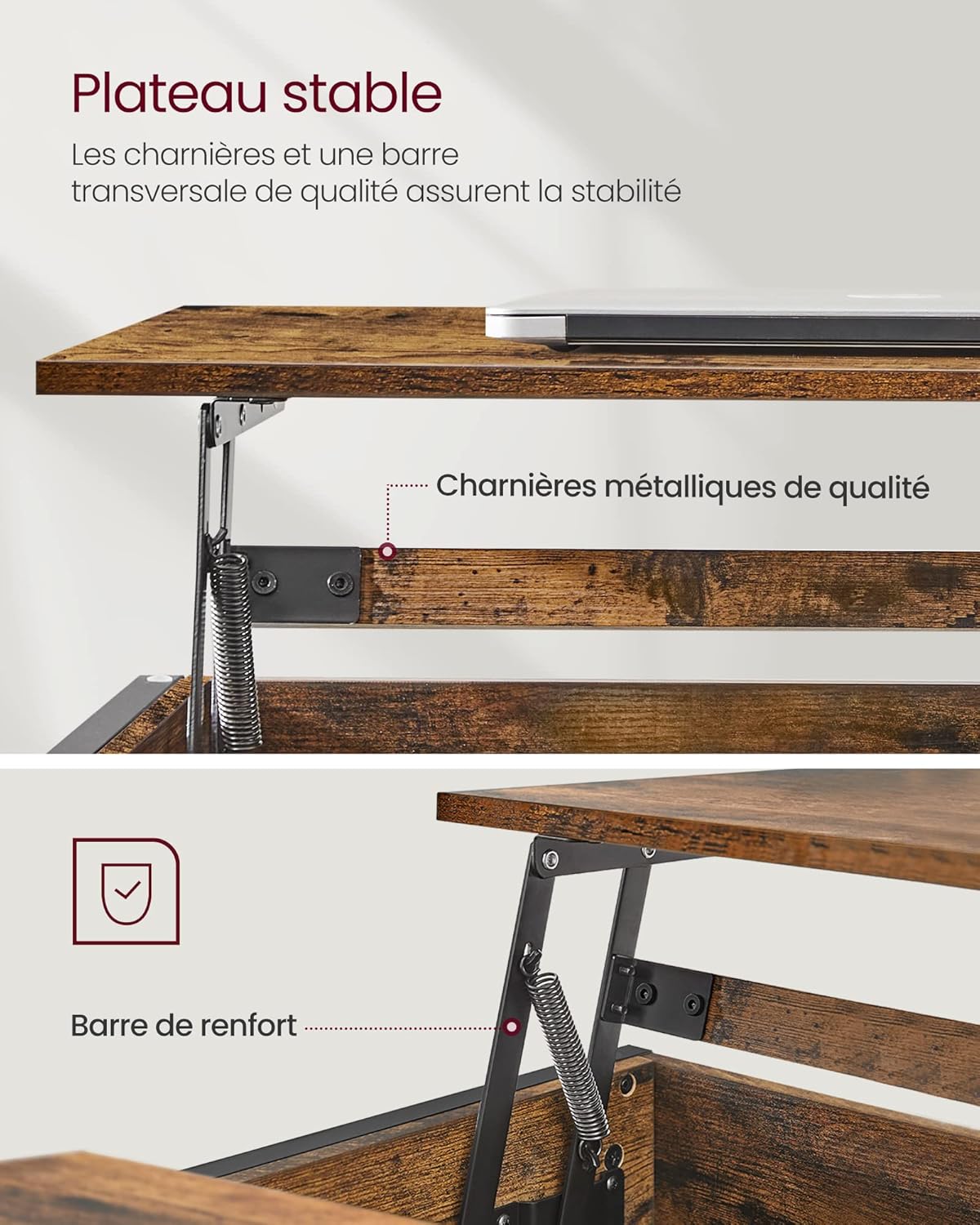 VASAGLE - Table basse à plateau relevable, 60x100x(48-62)cm, rangement multifonction, LCT205B01