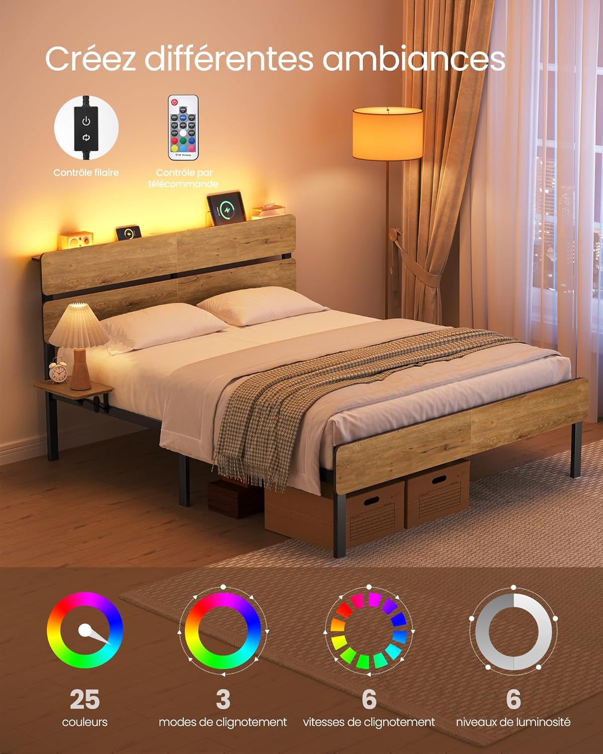 VASAGLE - cadre de lit série RMB - 140x190 cm - LED, ports USB, rangement, style industriel RMB103K01