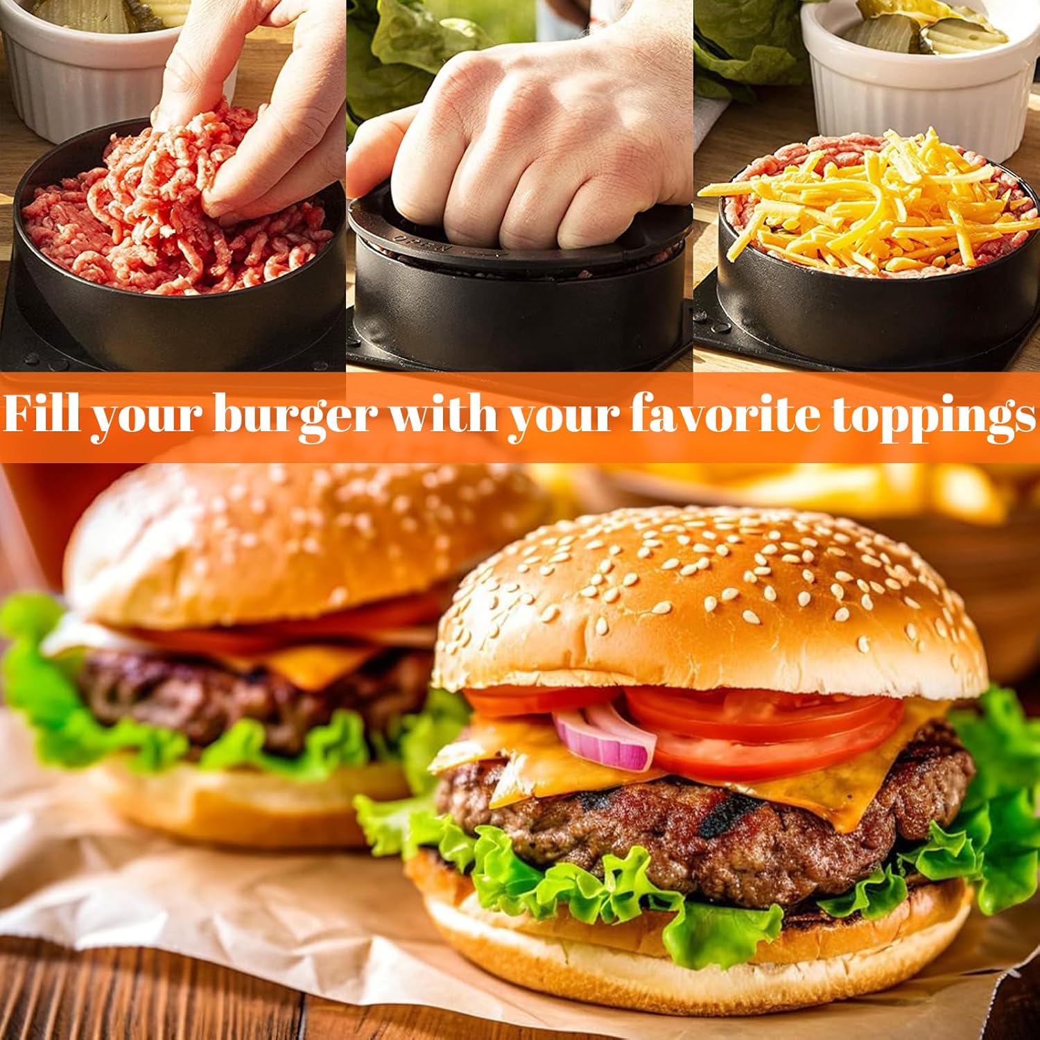 Presse hamburger 4 en 1 - avec 100 feuilles papier sulfurisé - idéal burgers et sandwiches