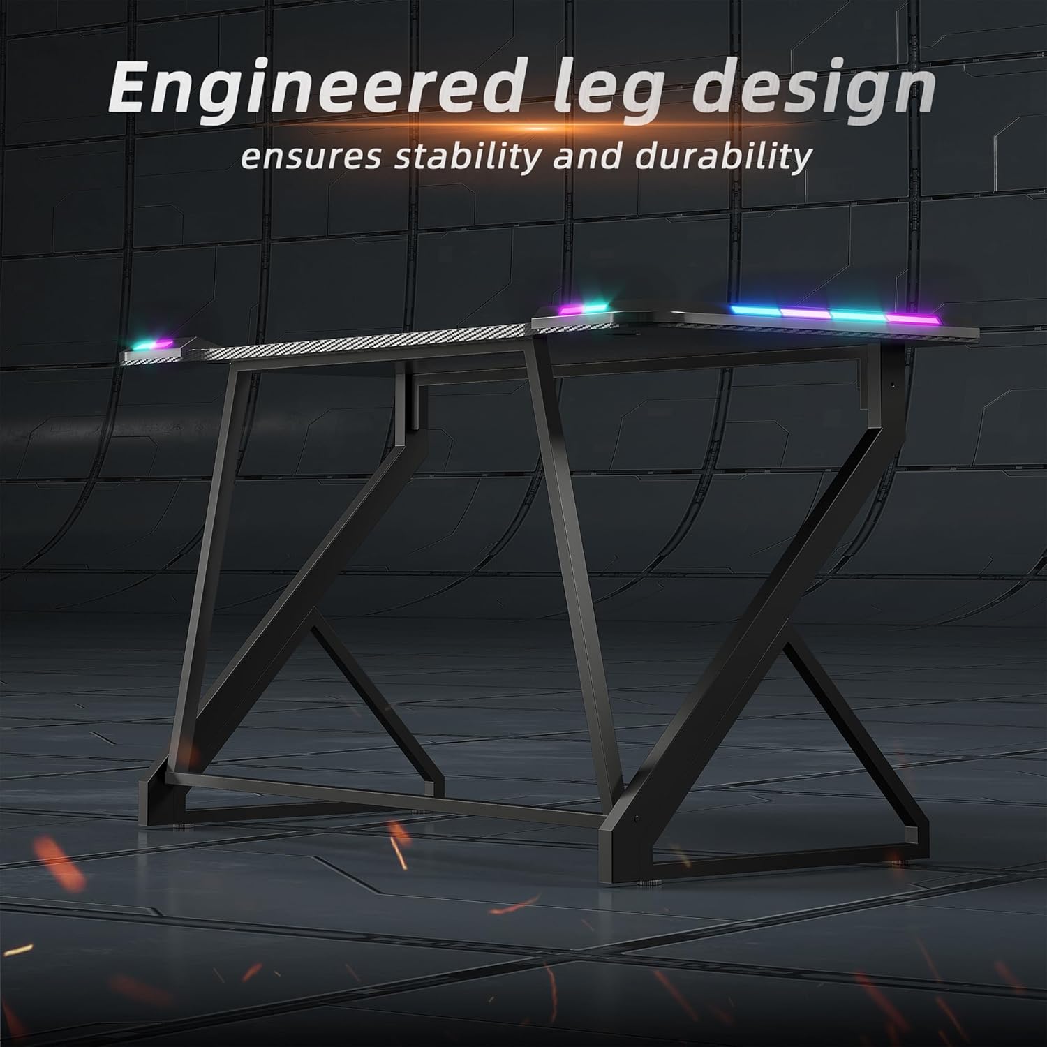 BEXEVUE - Armor - 100x50 cm - Bureau gaming RGB carbone, cadre Z, crochet casque