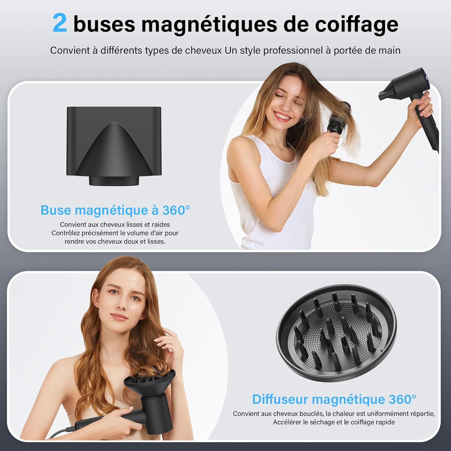 Sèche-cheveux professionnel - ionique, 400M plasma, moteur 110000 tr/min, 57 dB, idéal voyage