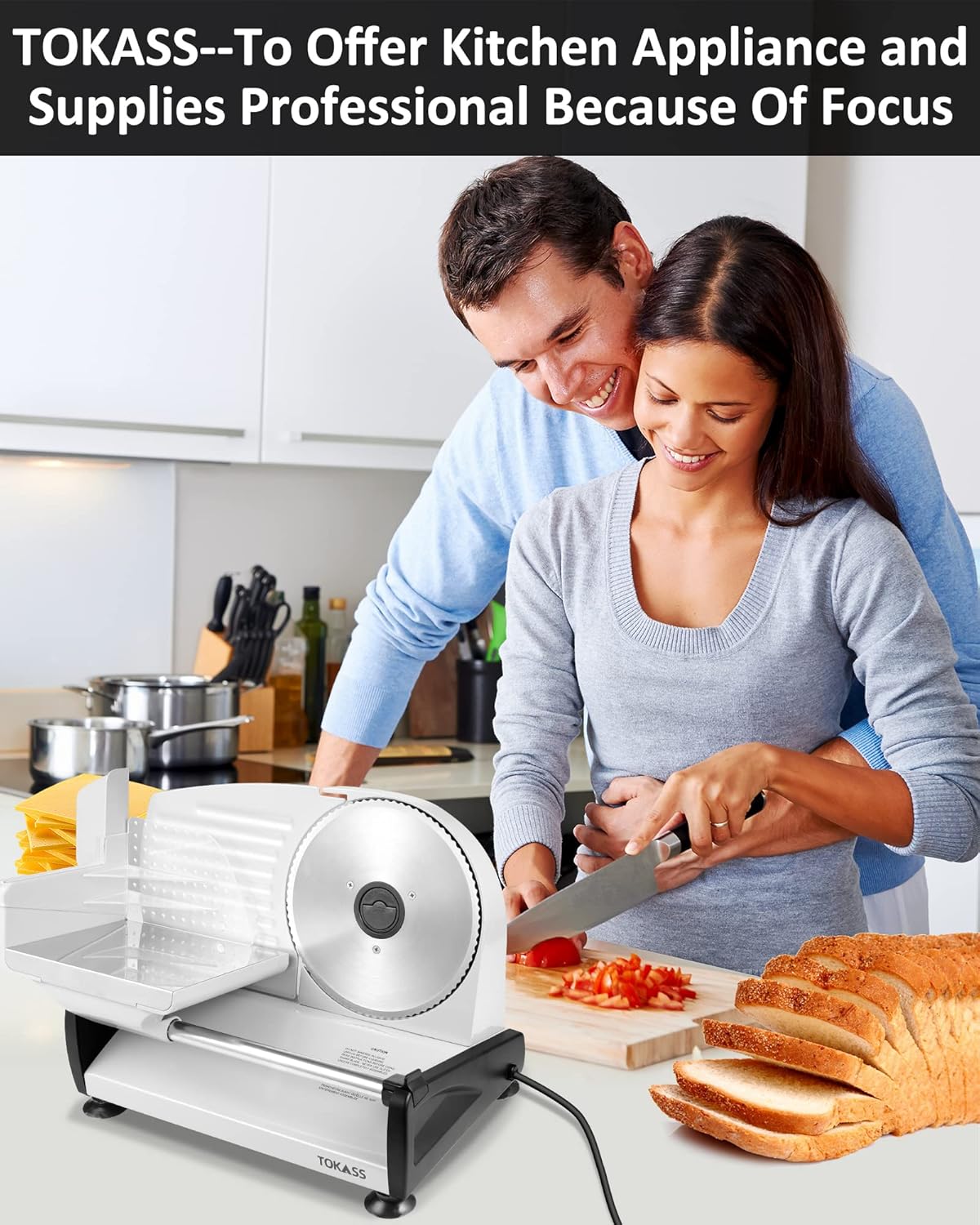 Trancheuse électrique - 200W inox, réglable 0-15mm, 2 lames, argent