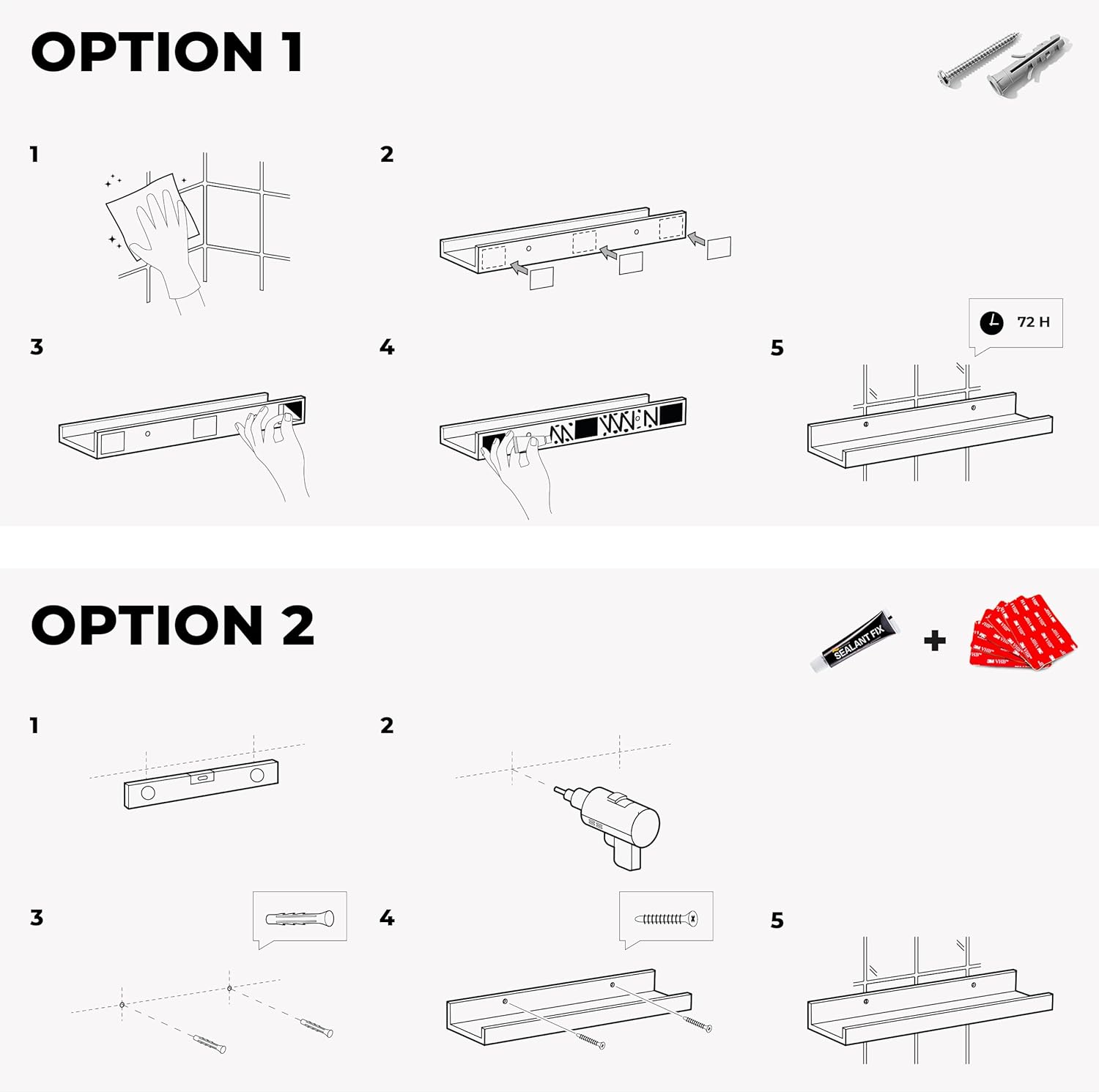 Étagère Salle de Bain en Bois - murale - bambou - adhésive, 2 unités