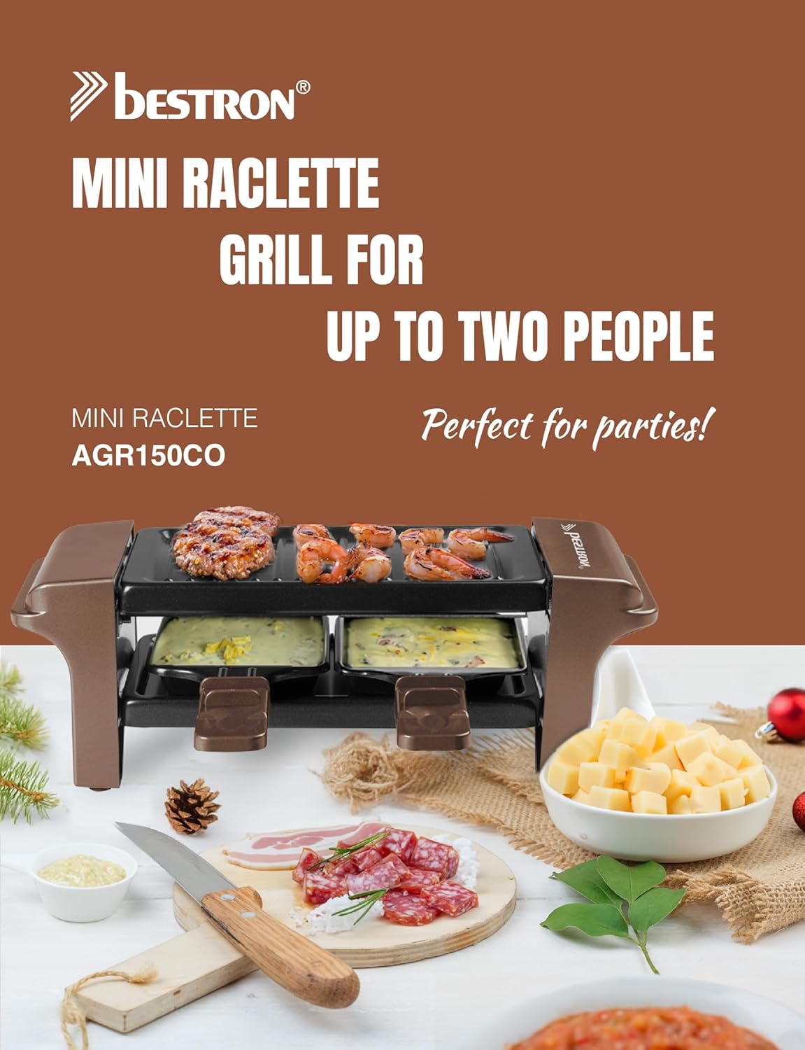 Bestron - Mini raclette cuivre 2 pers, 350W, antiadhésif, compact