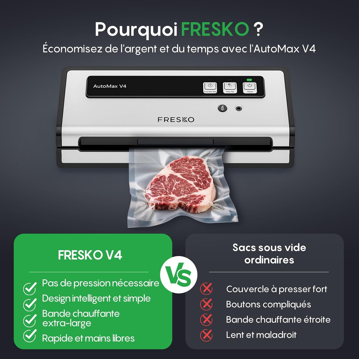 FRESKO - machine sous vide 140W, double scellage, sec/humide, 10 sacs, 4 kits bocaux