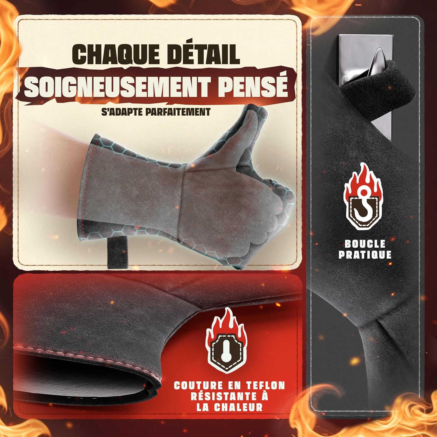 Achilles - Gant cheminée EN407 - cuir, isolation thermique, ignifuge, noir