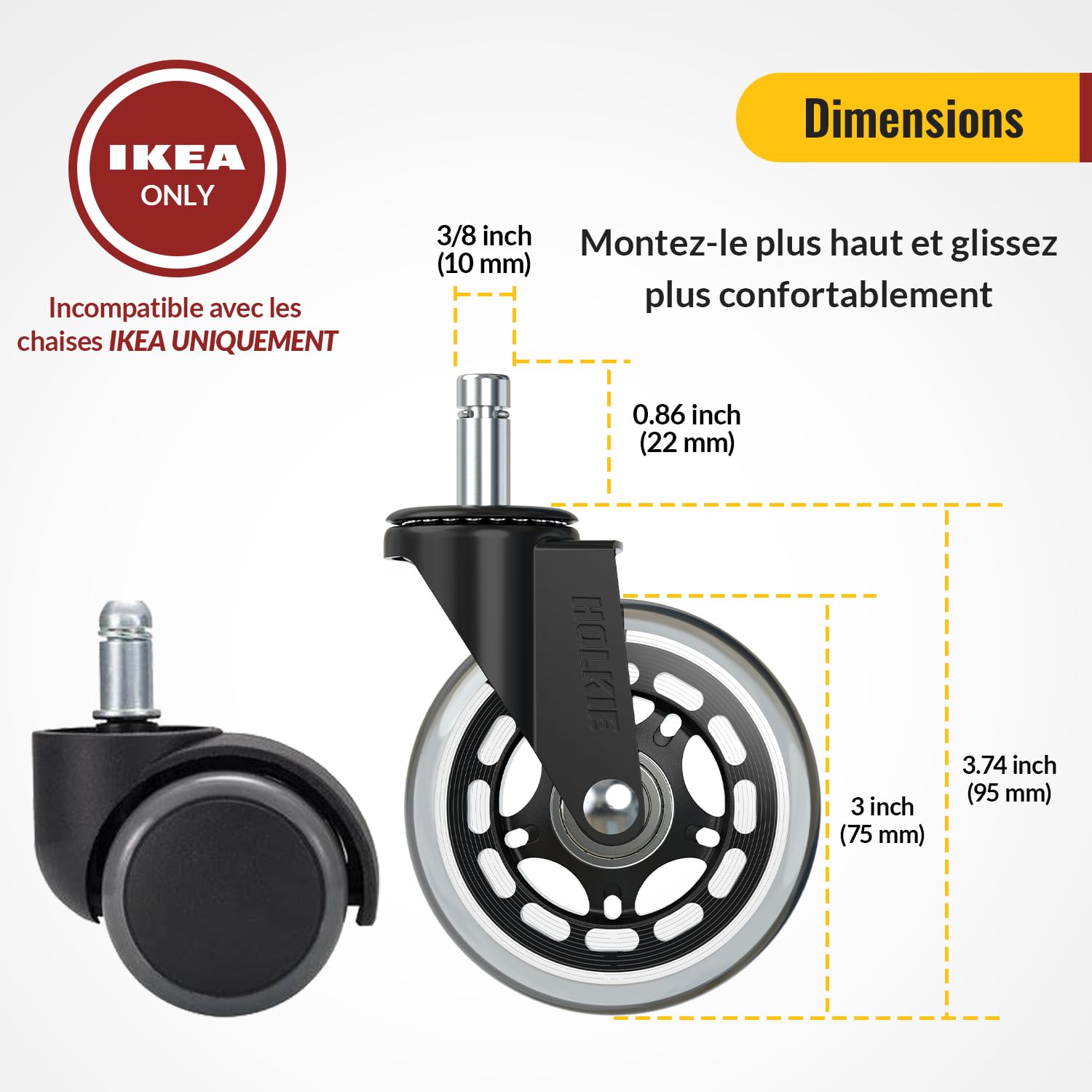 HOLKIE roulettes chaise bureau de 10 x 22 mm Lot de 5 Convient chaises de bureau 1KEA transparent rechange roulette pour chaise de bureau pour sols en bois dur et tapis à roulettes robustes