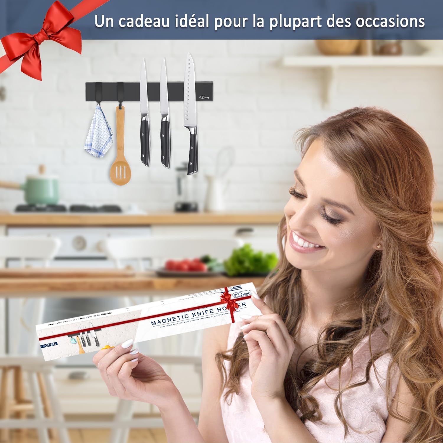 Dmore - Barre magnétique cuisine - 25cm - Puissante, adhésif, vis, 2 crochets