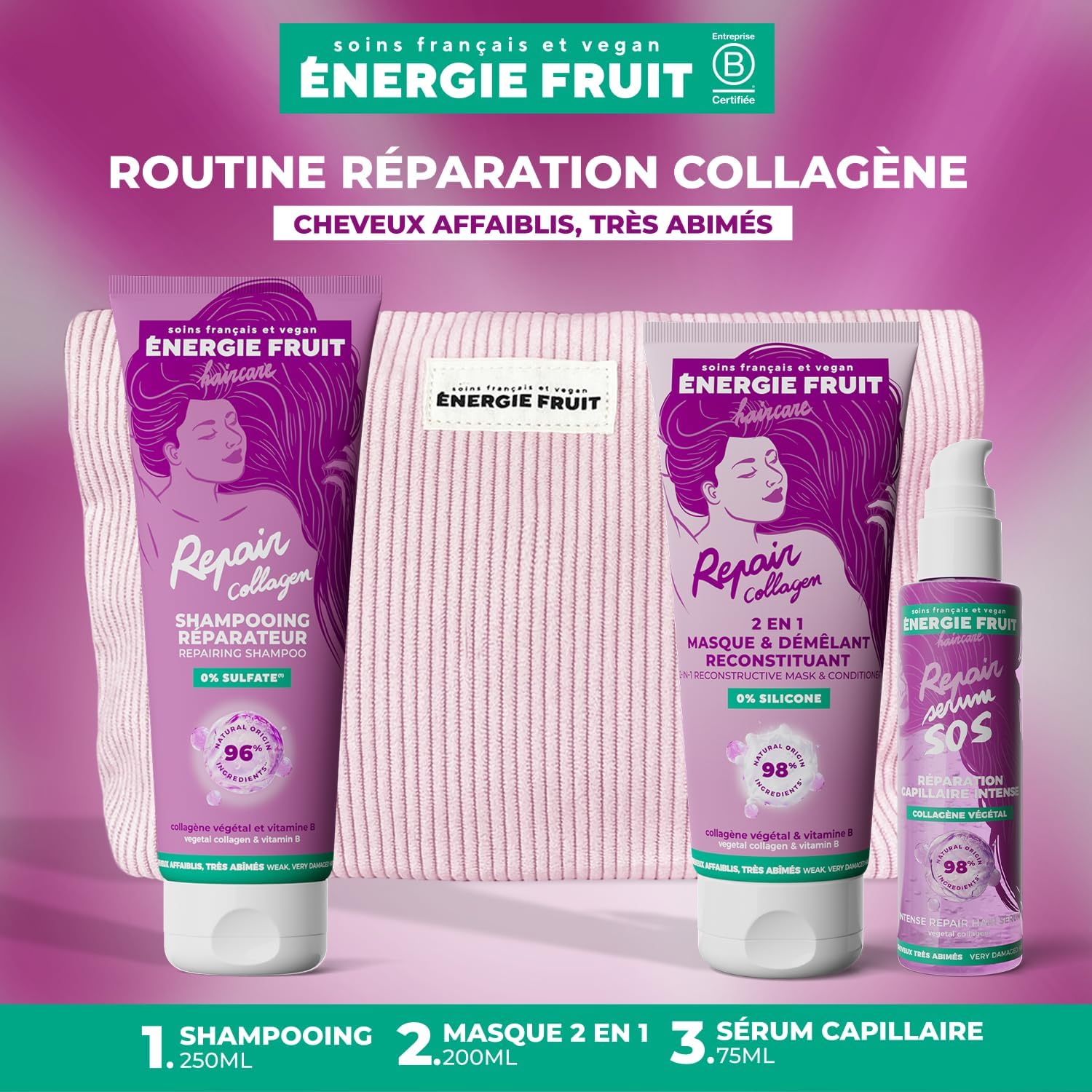 Energie Fruit - Routine capillaire collagène - Coffret soin complet cheveux abîmés