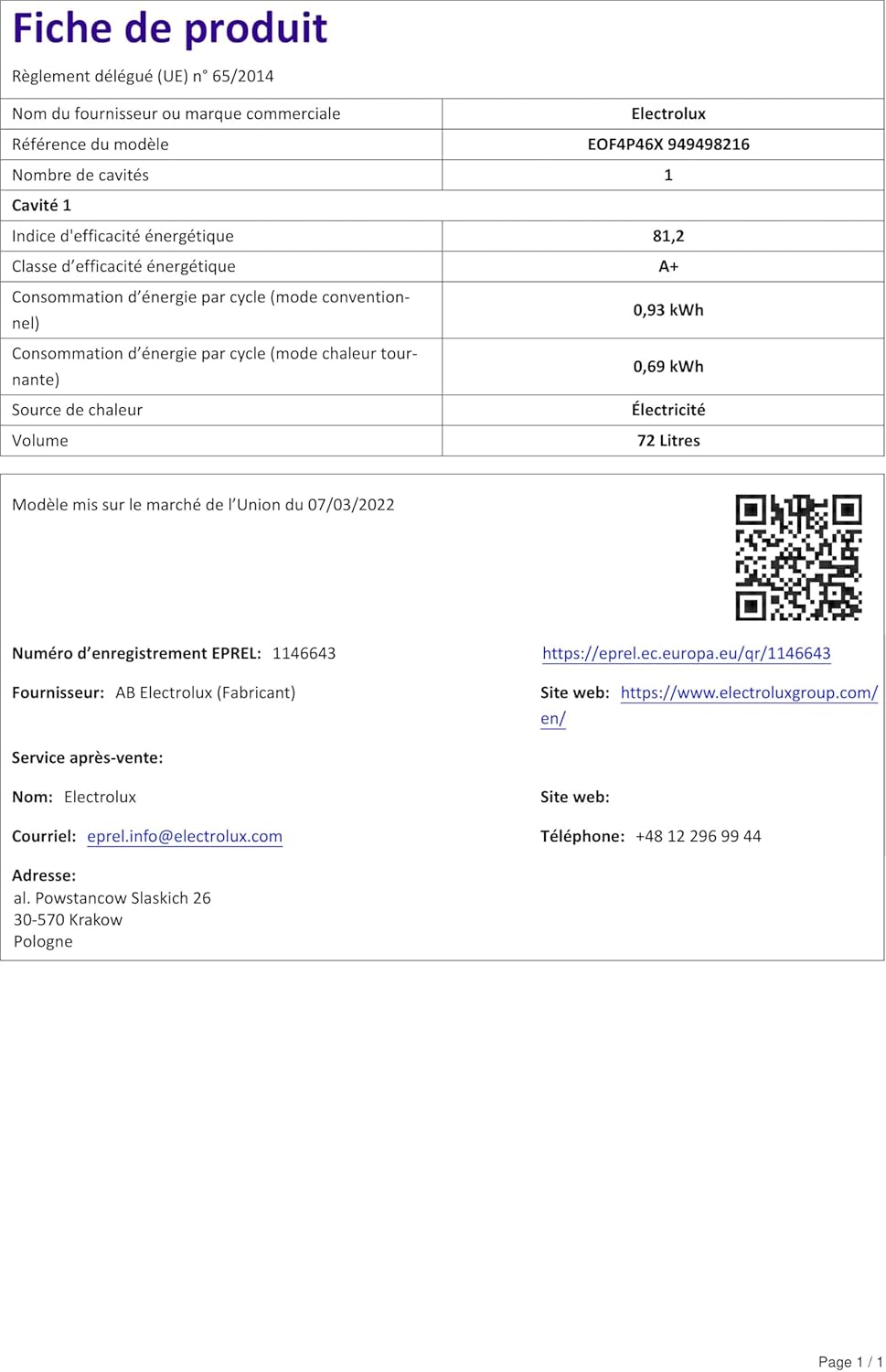 Electrolux - Four Série EOF - 72L, pyrolyse, classe A+ - EOF4P46X