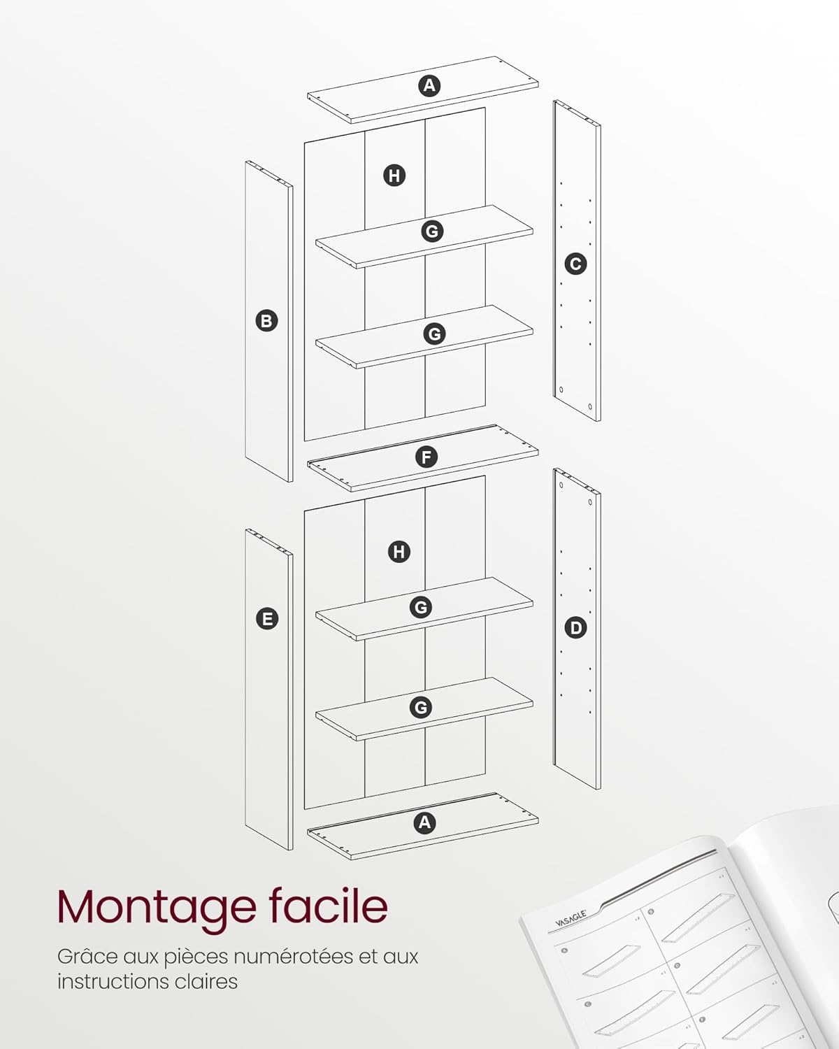 VASAGLE - bibliothèque rangement 6 niveaux - 24x60x178.5 cm - marron rustique LBC169K01