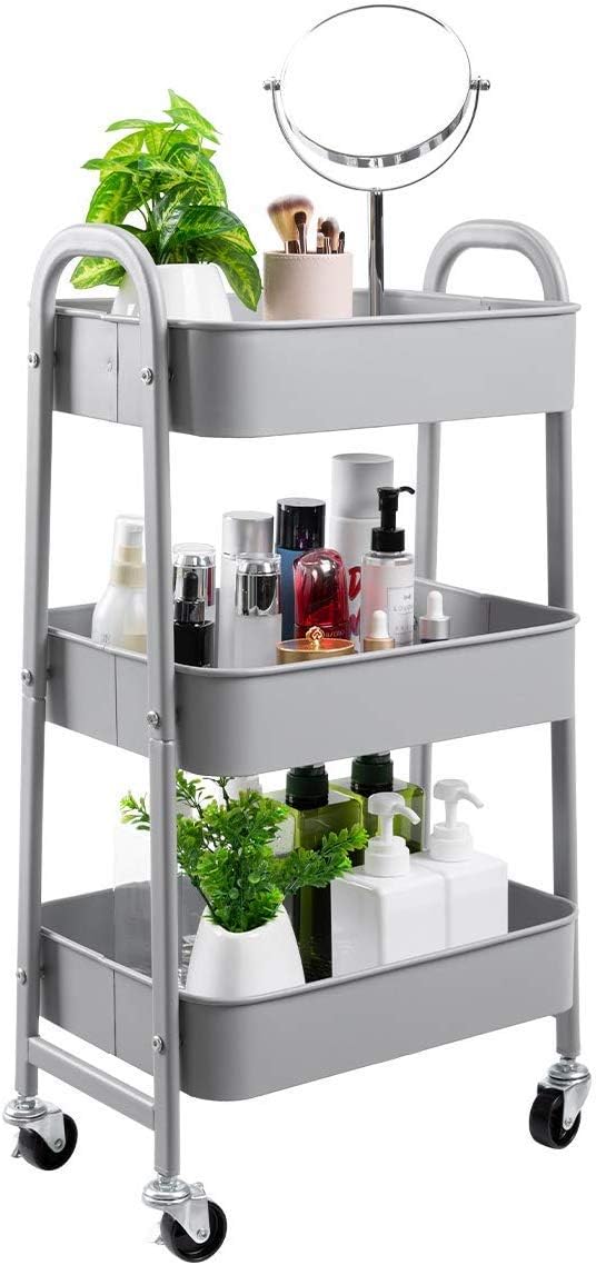 DOEWORKS - Chariot 3 niveaux métal, gris, roulettes, rangement cuisine