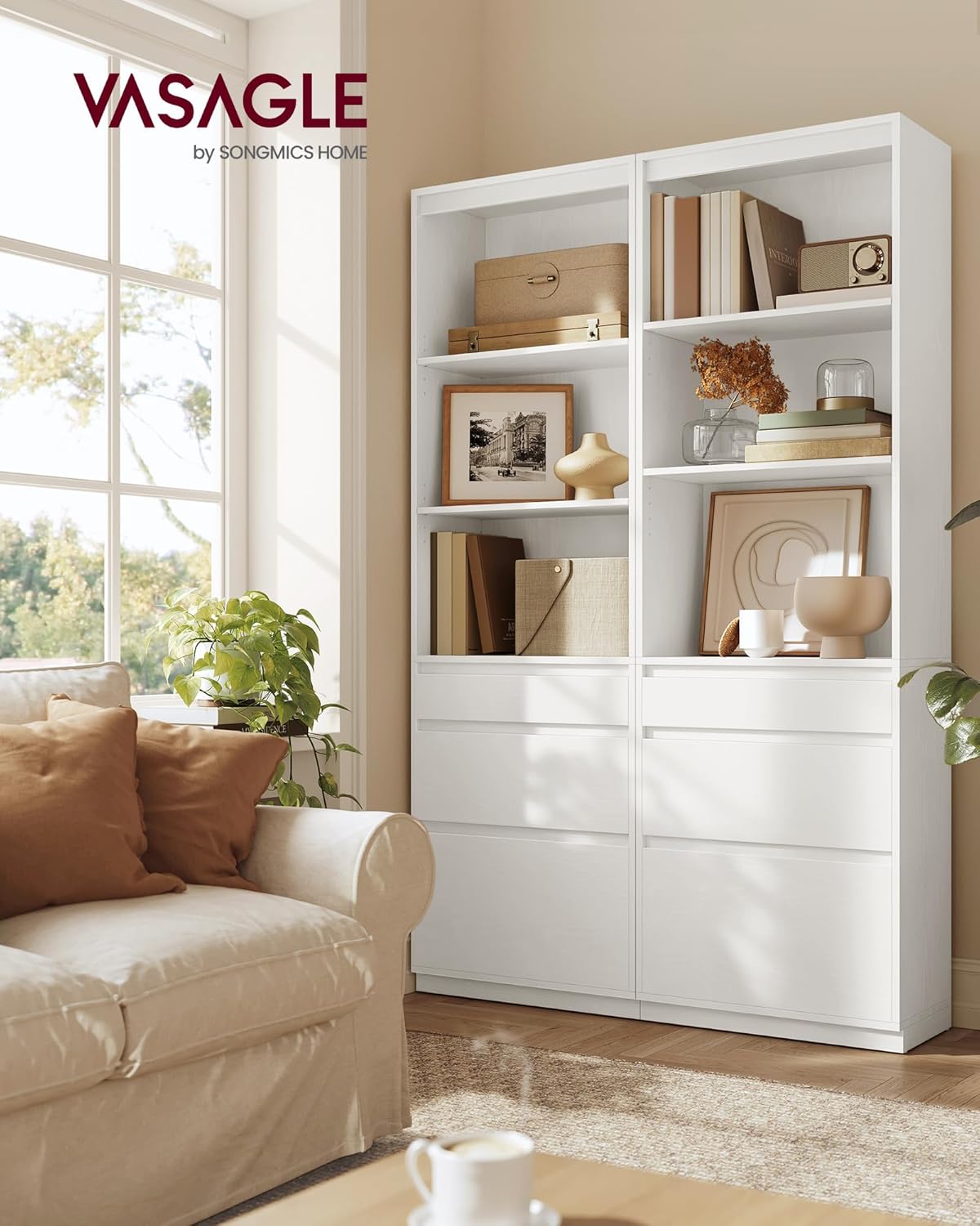 VASAGLE - Kailyn Collection bibliothèque, 180 cm, 3 tiroirs, étagères réglables, blanc, LBC188W01