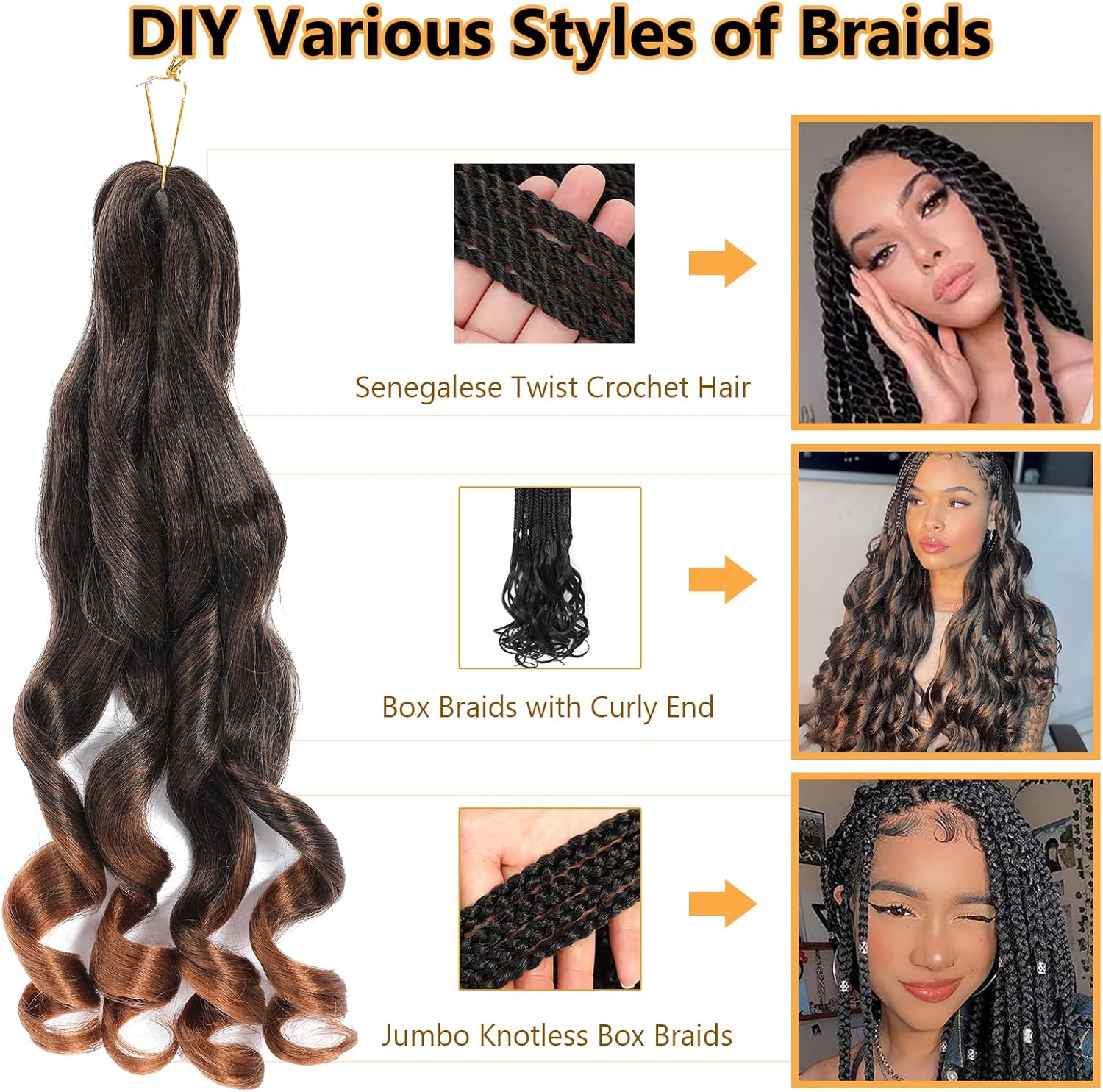 Meches Boucle Pour Tresses - French Curl - 41cm - 8 paquets, boucles loose wavy, couleur 1B/30