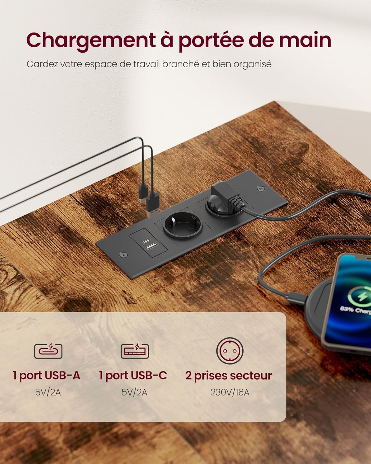 VASAGLE - Bureau en L, 110x80 cm, étagères réglables, ports USB, LWD131KD01