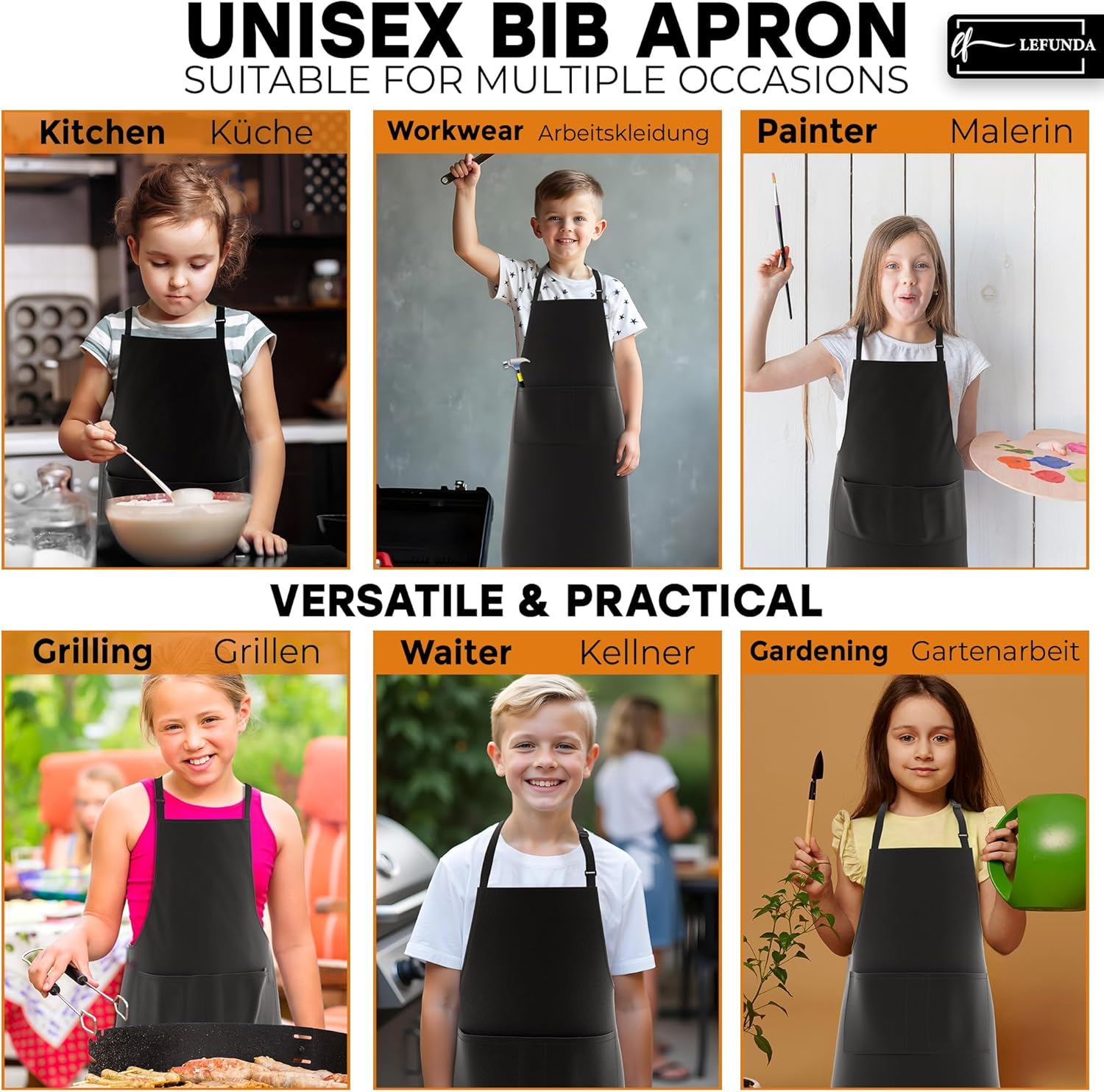 LEFUNDA - tablier cuisine étanche 3 poches, réglable longues lanières