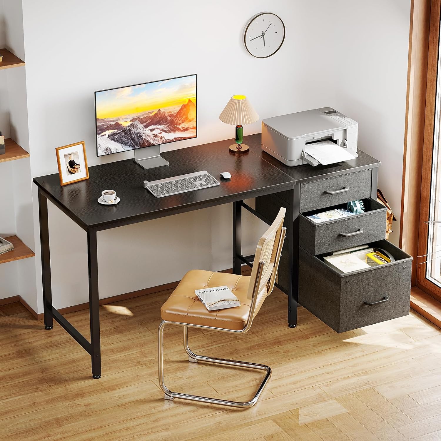 Coleshome - Bureau 120x48cm - 3 tiroirs tissu, porte-casque, réversible