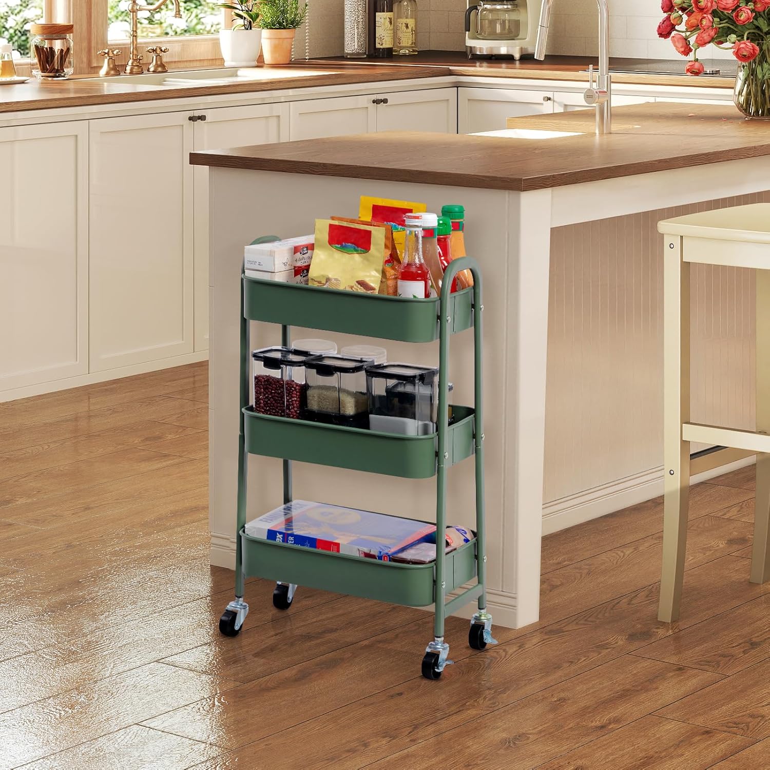 DOEWORKS - chariot à roulettes 3 niveaux métal, 43x36x86cm, vert herbe