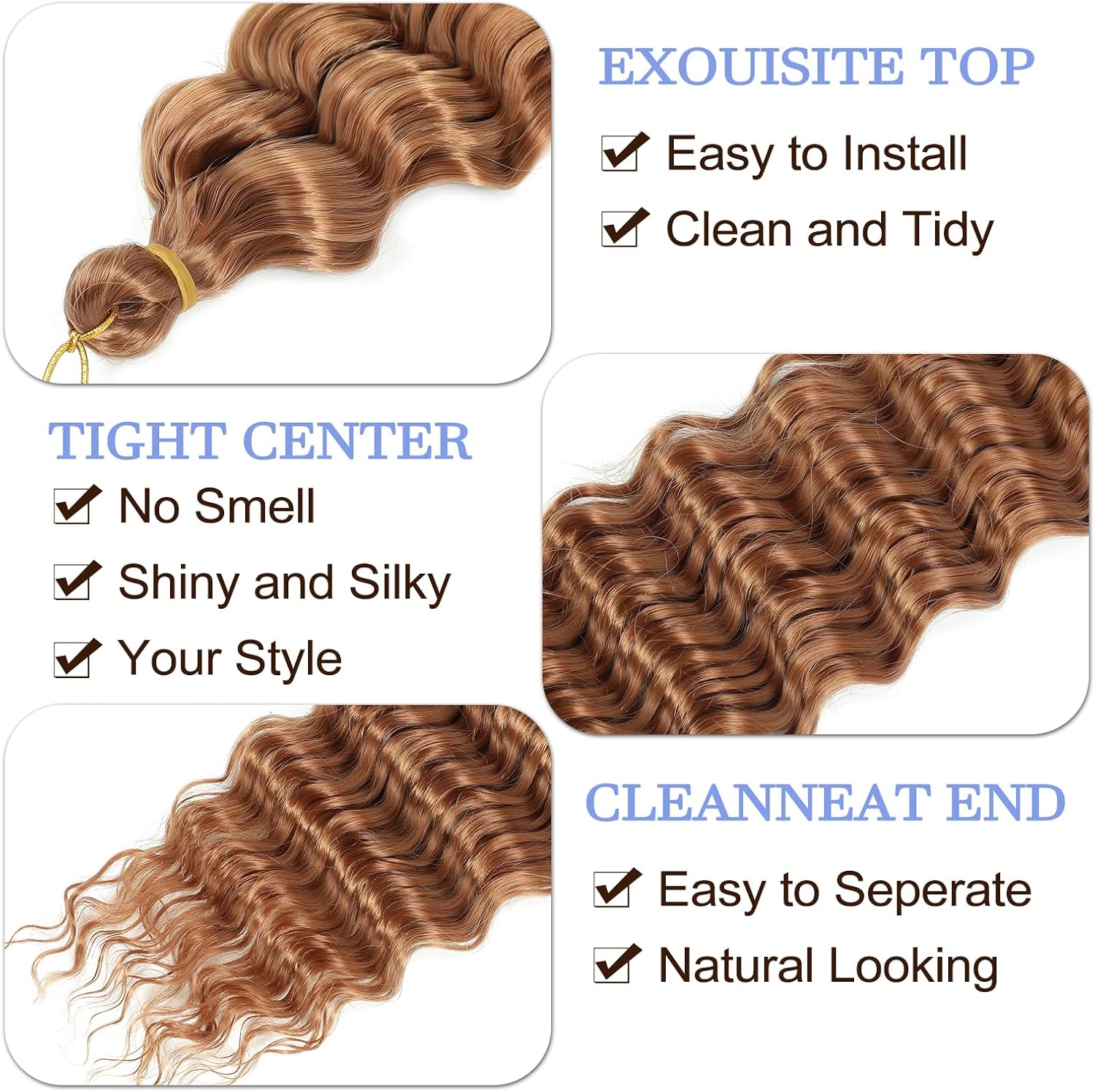 Extensions cheveux - Ocean Wave Deep Wave - 18 pouces - synthétiques bouclés, pack de 3, couleur 30#
