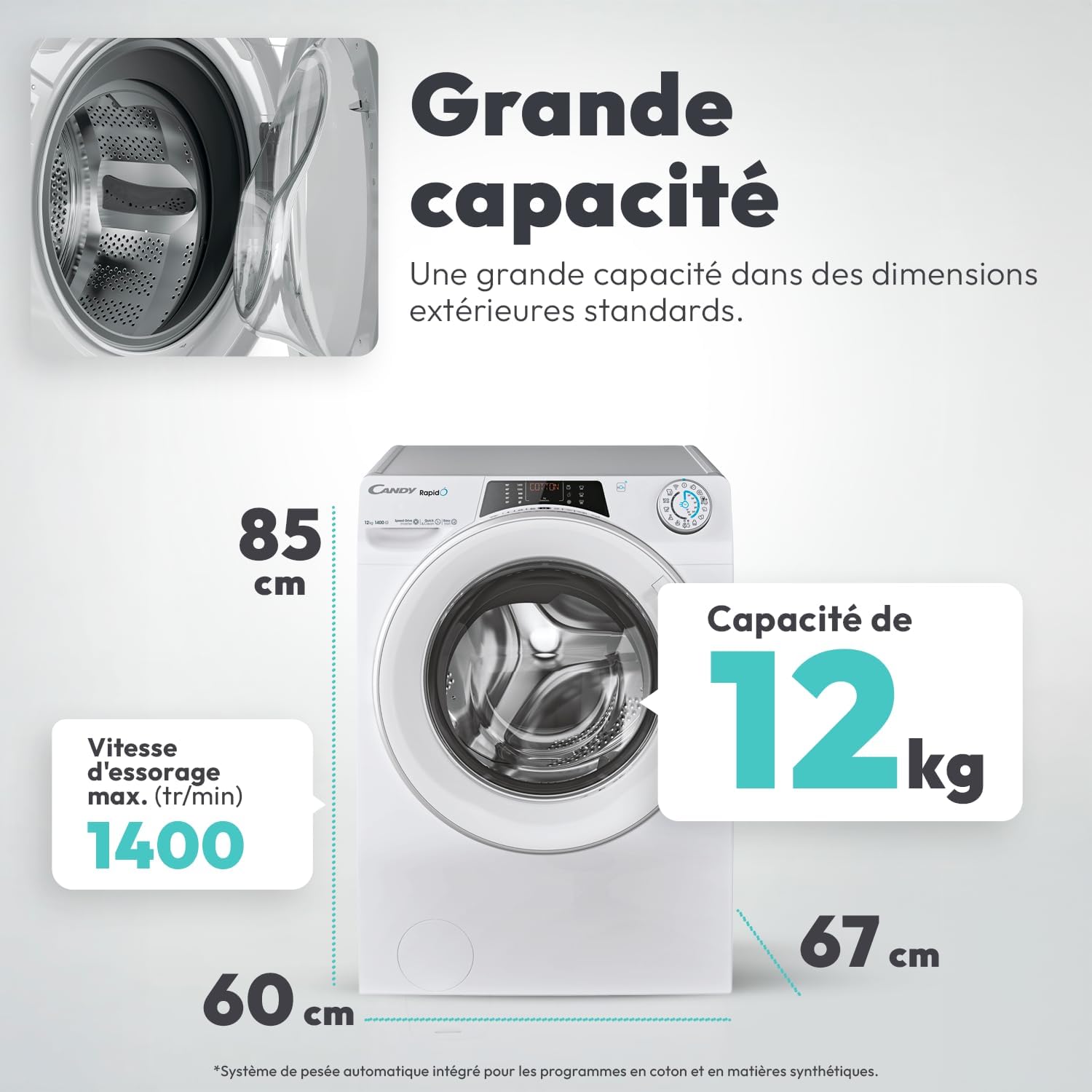 Candy - lave-linge série RO - 12kg, 1400trs, WiFi - 85x60x67cm - RO14126DWMST-S