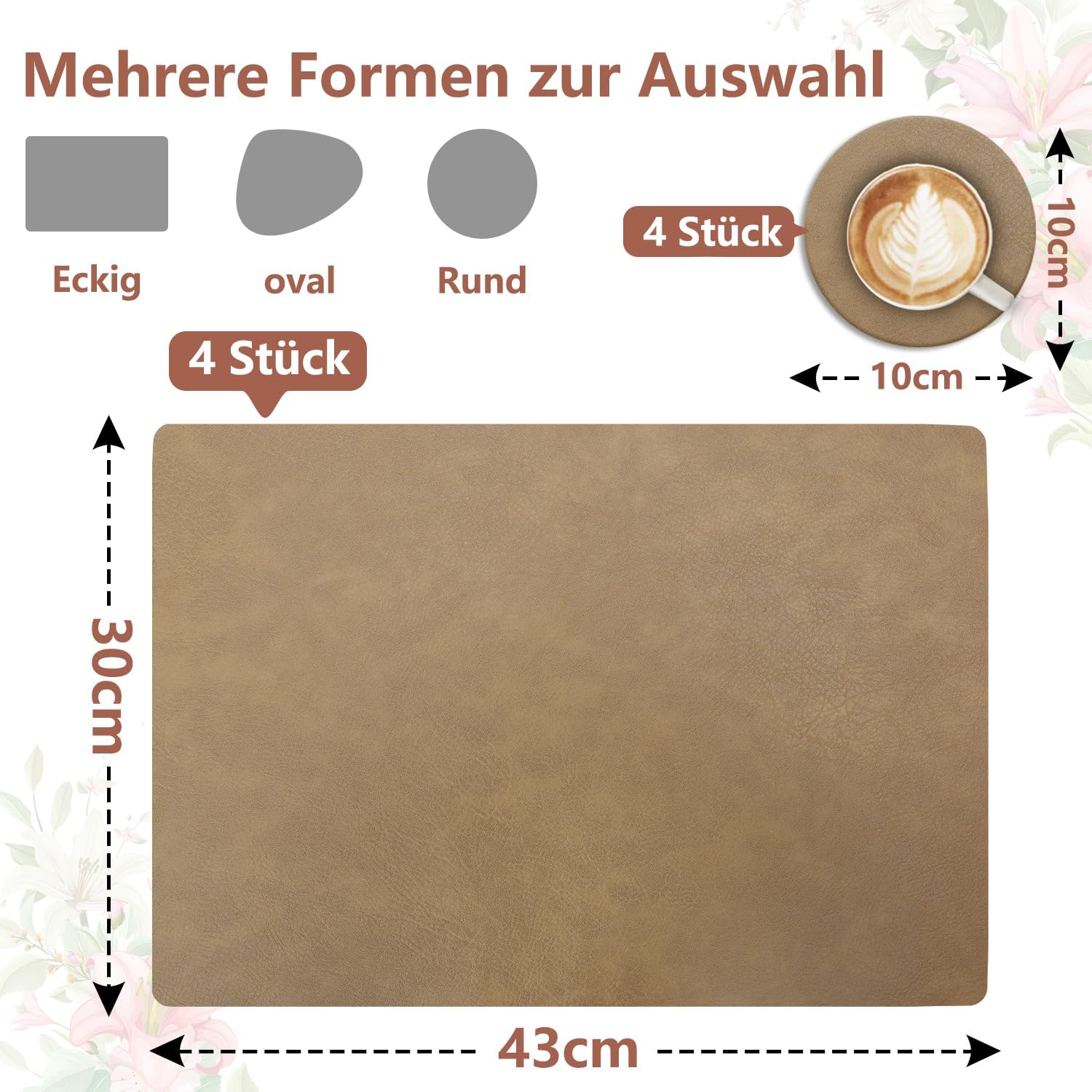 Set de table - Lot de 6, cuir PU double face 43x30cm, lavable antidérapant