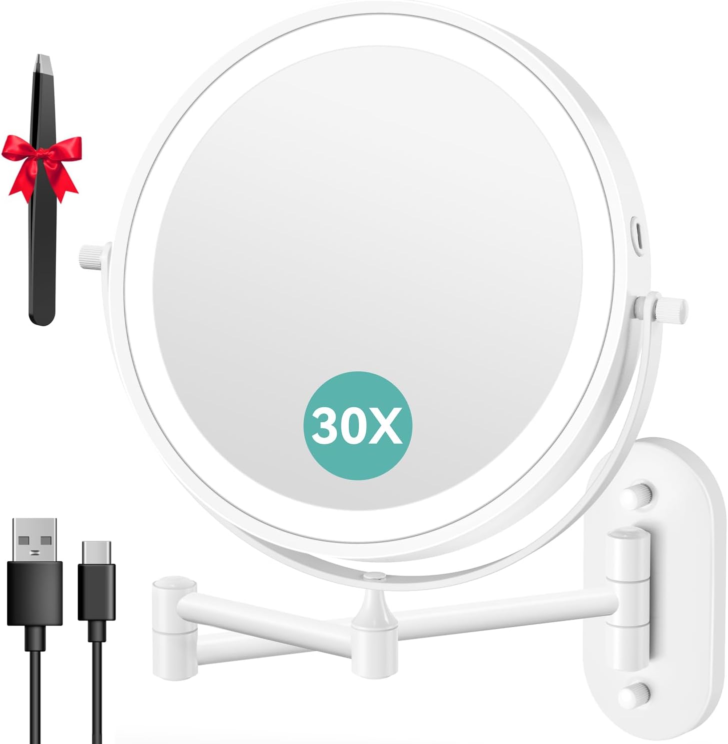 Auxmir - miroir mural série lumineuse - 8 pouces - grossissement 1x/30x, 3 couleurs, tactile, USB, 360° pivotant