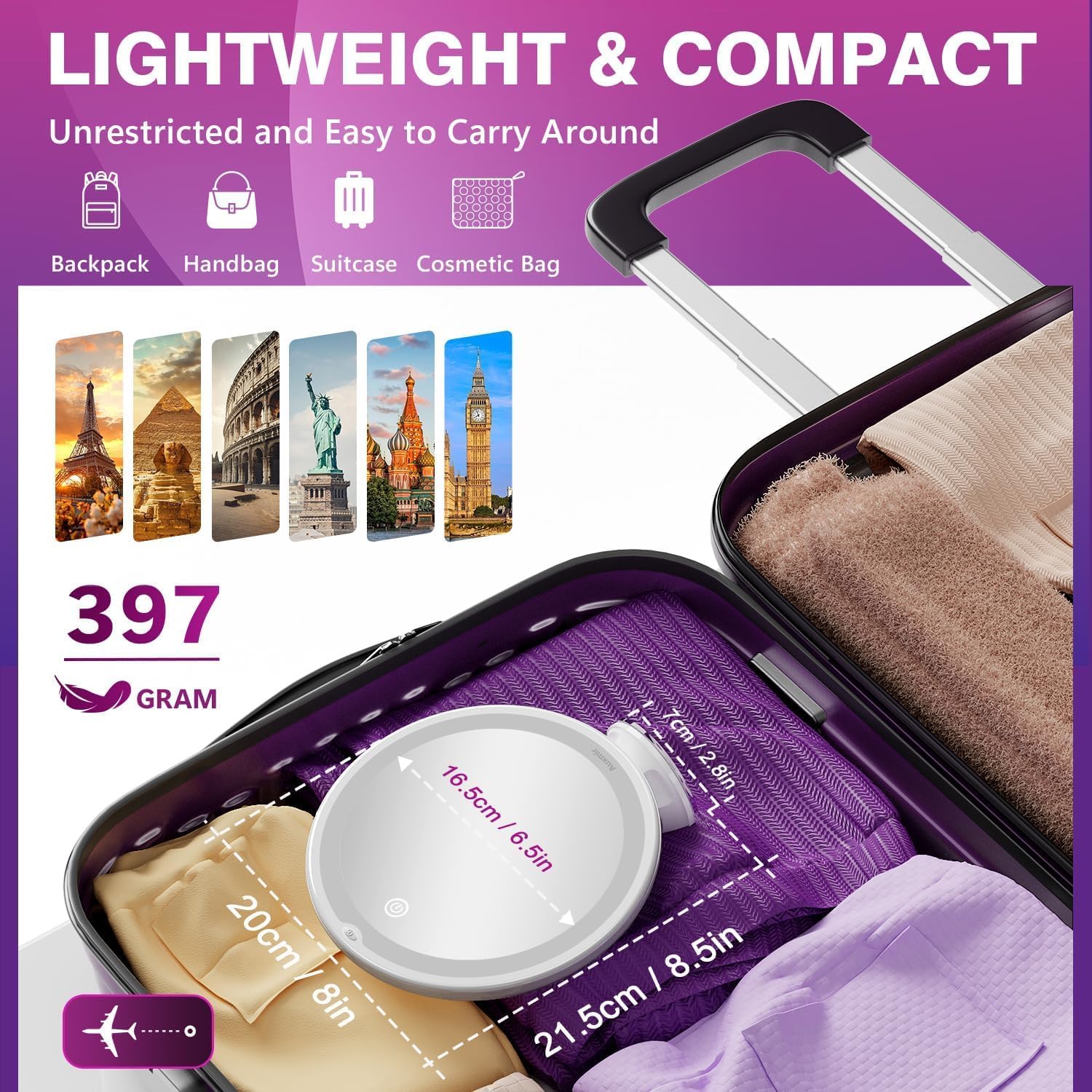 Auxmir - miroir maquillage 30X - Ø non précisé - LED 3 tons, ventouse, rotation 360°