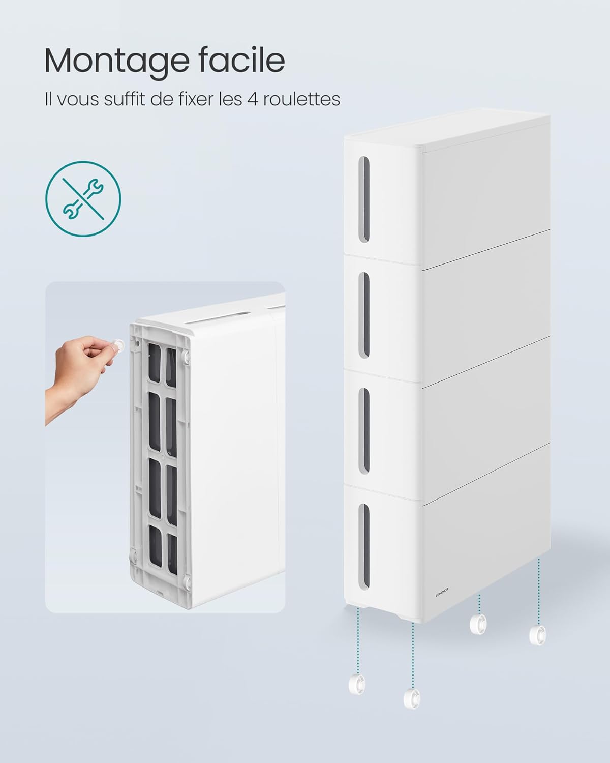 SONGMICS - Chariot Roulant Fin - 45,2x17,3x84cm - 4 tiroirs, PP blanc/gris, KFR008G01