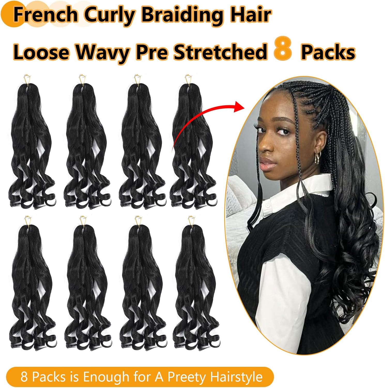 French Curl Braids - 16 pouces - 8 packs, boucle, synthétiques