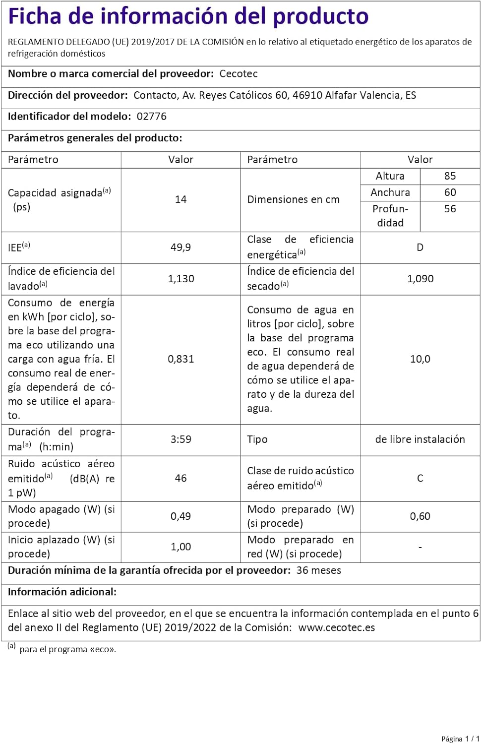 Cecotec - Bolero Aguazero 6200 - 60 cm - 14 couverts, 6 programmes, inox