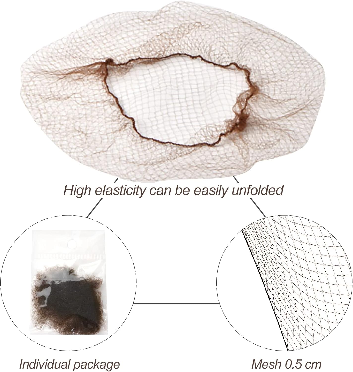 Filets à cheveux - élastiques invisibles, 24 pièces, 10 pinces U, marron, maille ballet