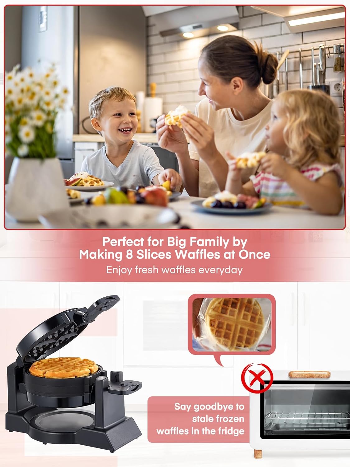 Waffle Maker - 1400W, flip 180°, 8 disques, plaques antiadhésives