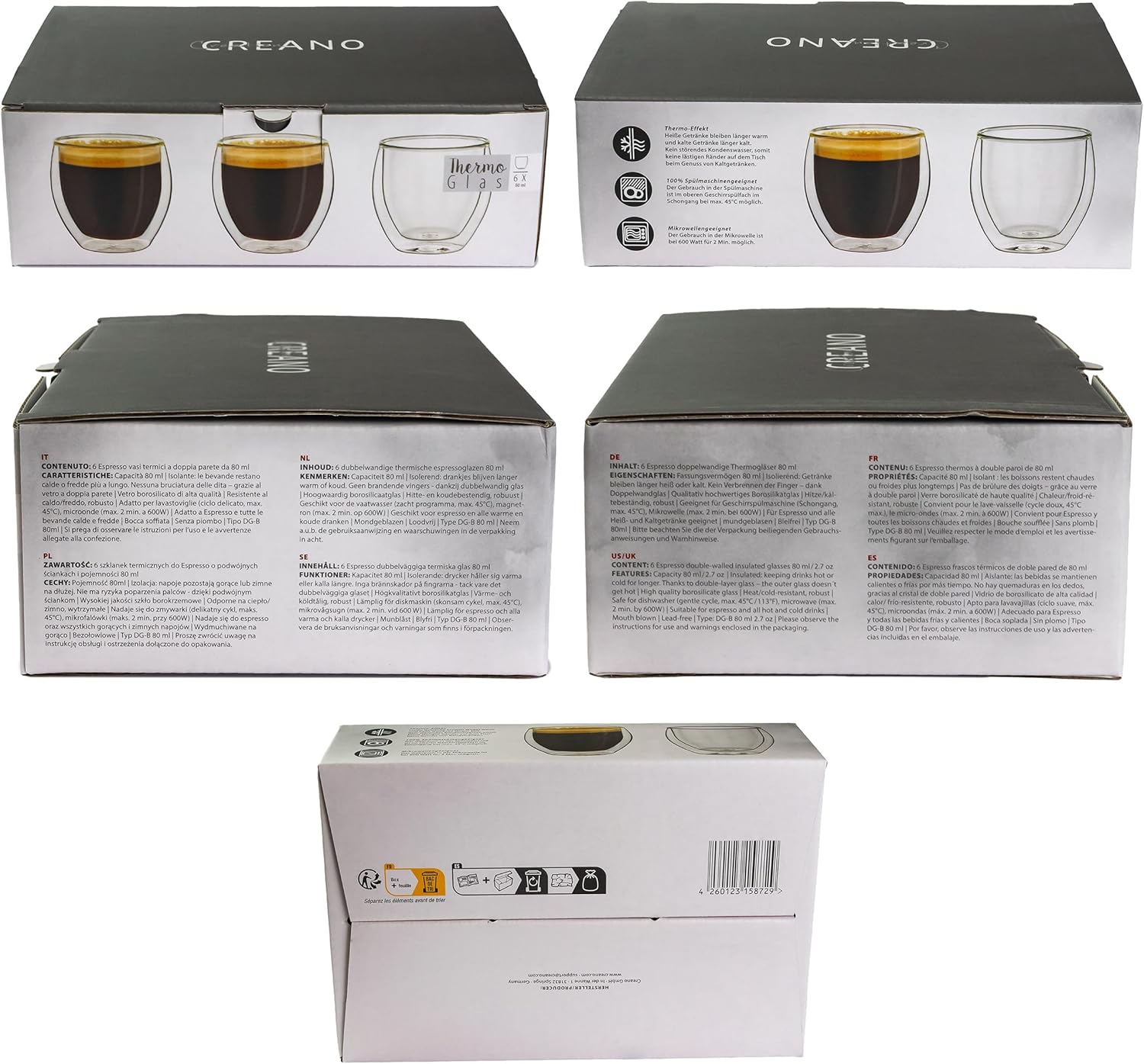Creano – Verres à expresso double paroi 80ml – 6 pièces – effet flottant