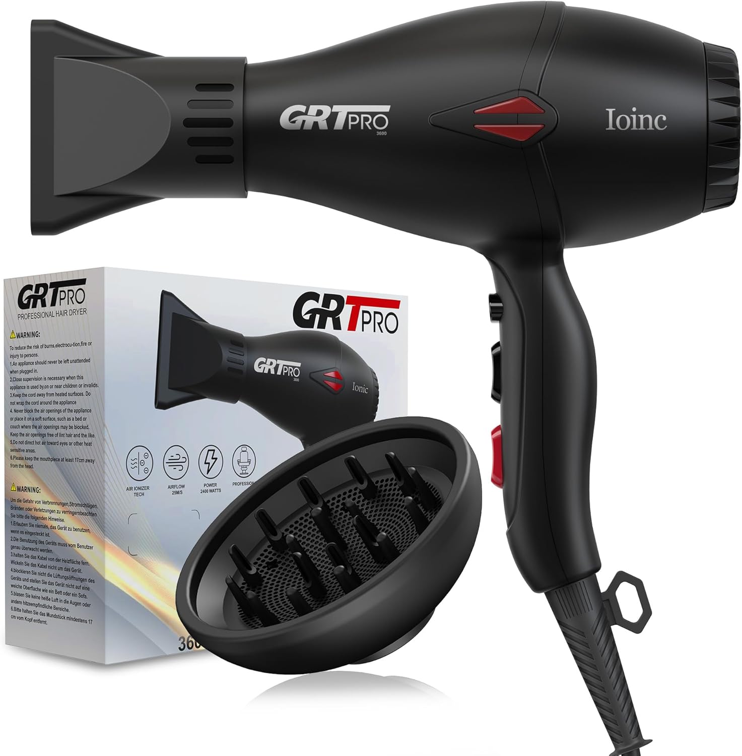 Sèche-cheveux professionnel 2400W, ionique, 3 températures, 2 vitesses, AC Motor